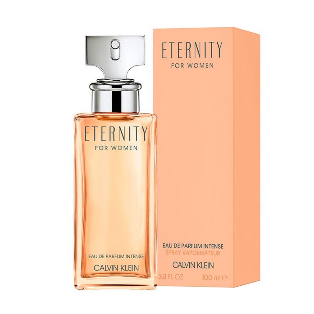 Parfümflasche und Verpackung. Aufschrift: Eternity for Women, Eau de Parfum Intense, Calvin Klein. Flasche mit silbernem Verschluss.