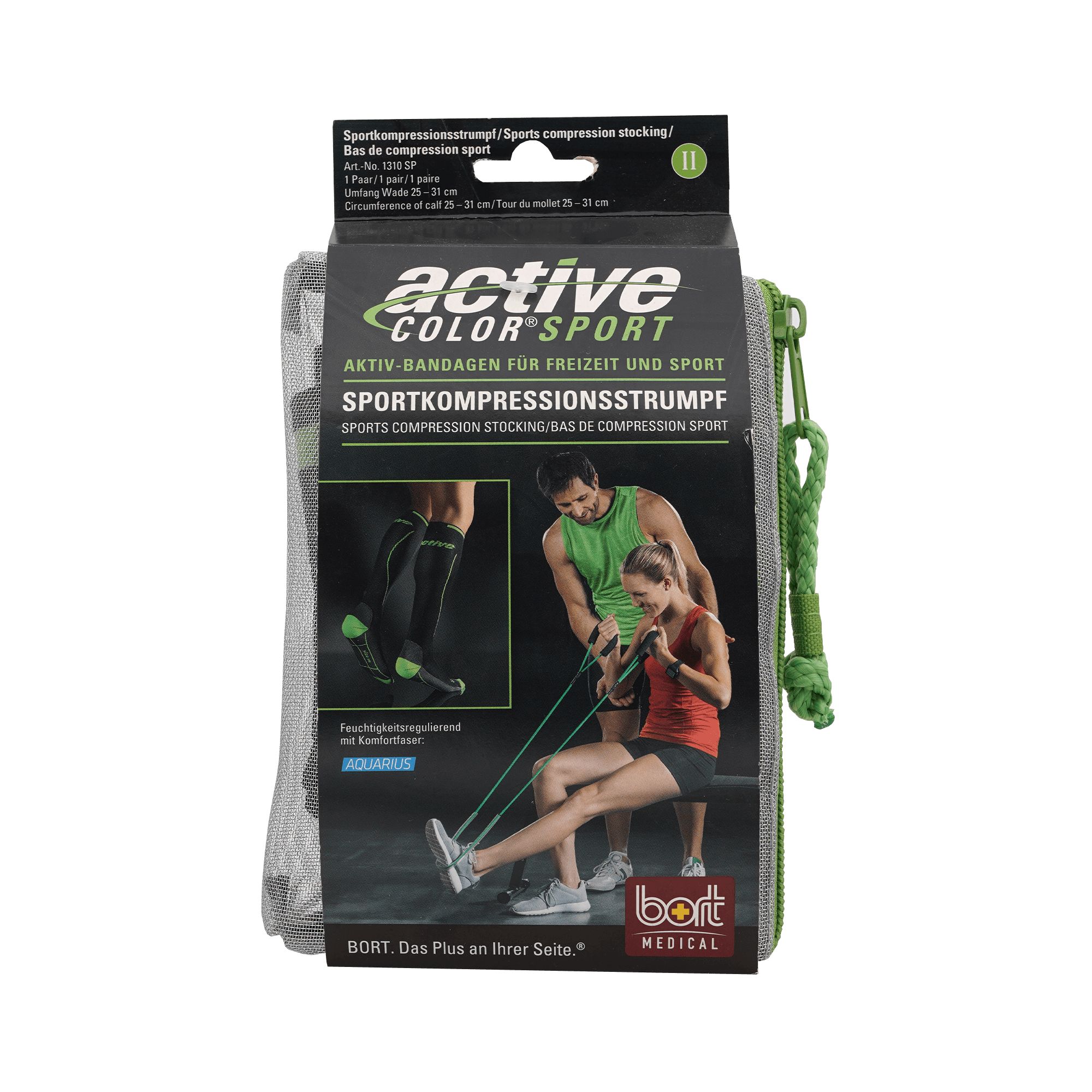 Verpackung mit Sportkompressionsstrümpfen. Schwarze Strümpfe mit grünen Akzenten. Marke: active color sport. BORT Medical.