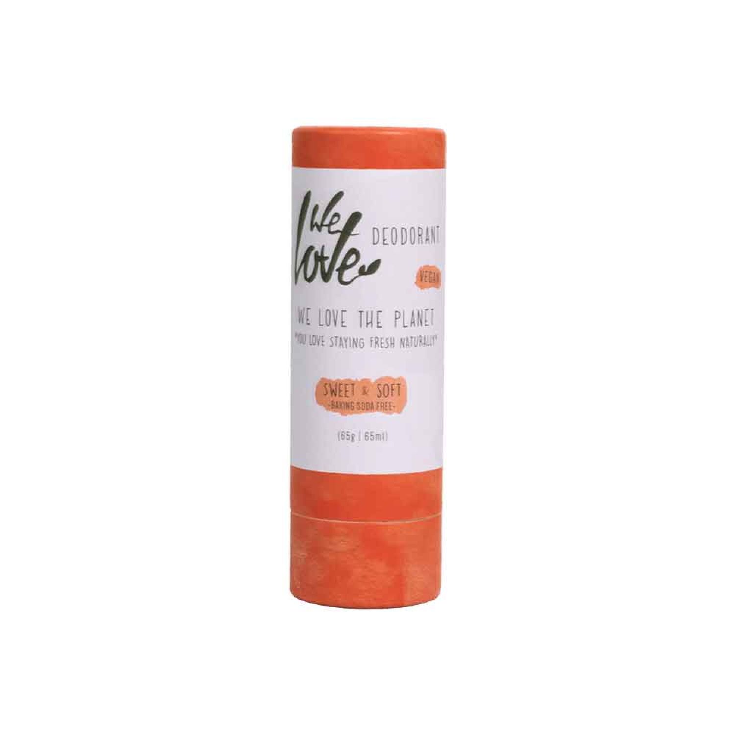 Deo-Stick in zylindrischer Verpackung. Orangefarbener Boden und Deckel, weißes Etikett mit Text. Vegan, ohne Natron.