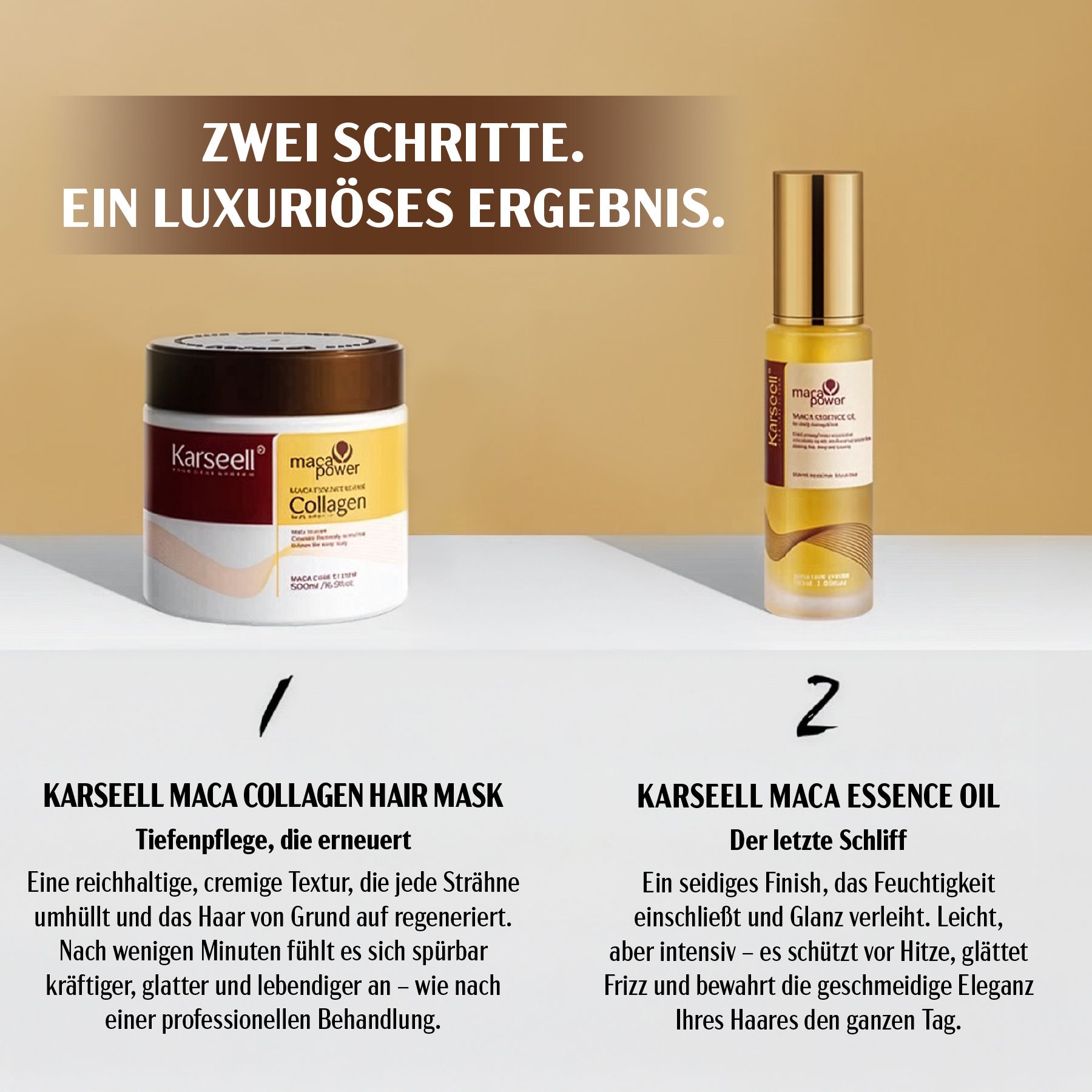 Karseell Maca Collagen Haarmaske und Maca Essenz Öl. Maskenbehälter und Ölflasche. Produkte nebeneinander.