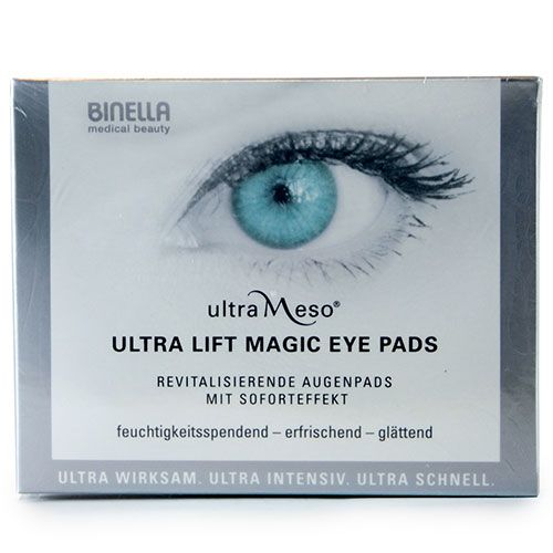 Verpackung mit Augenpads. Aufschrift: ultra Meso ULTRA LIFT MAGIC EYE PADS. Revitalisierende Augenpads mit Soforteffekt. Feuchtigkeitsspendend, erfrischend, glättend.