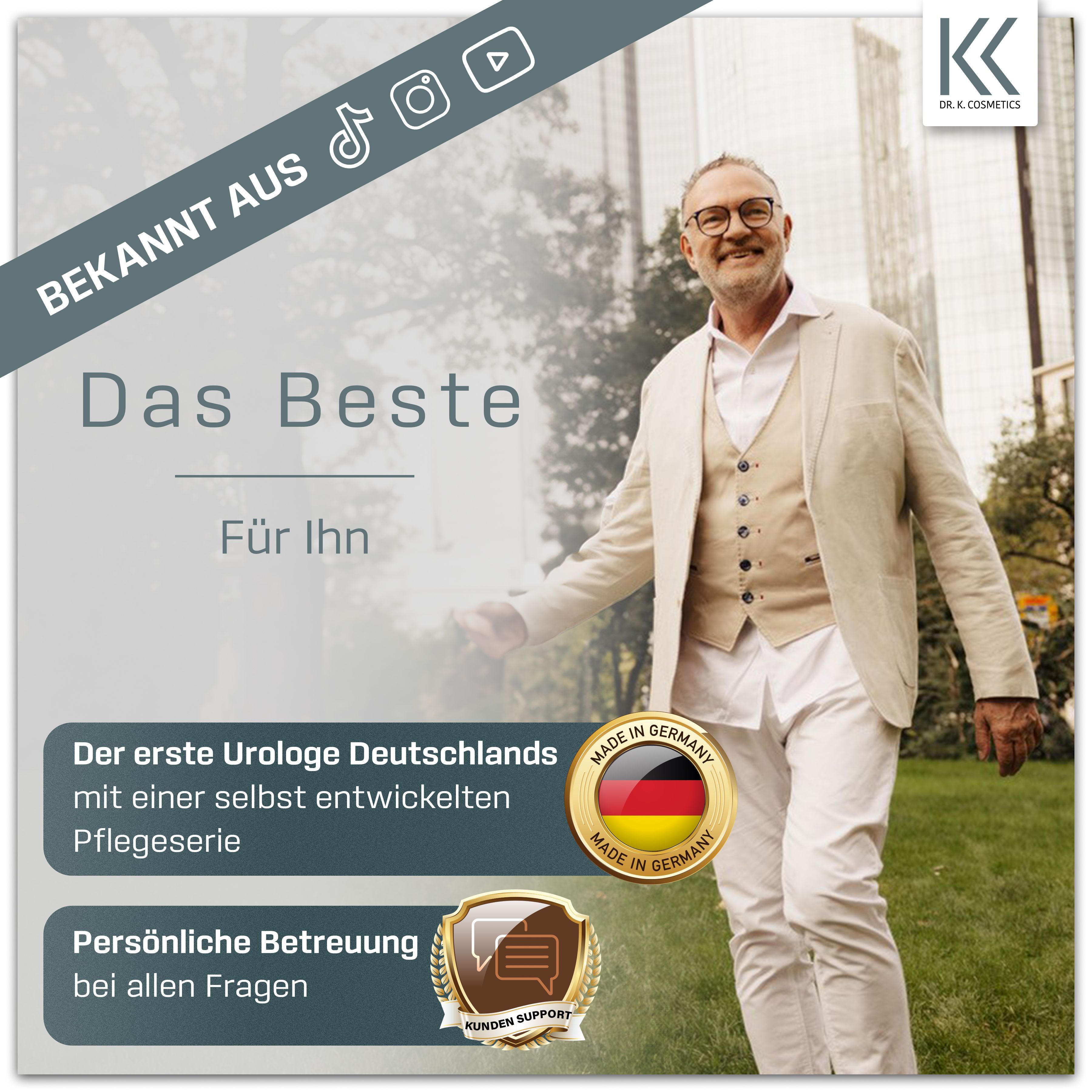 Älterer Mann im Anzug. Text: Das Beste für Ihn. Made in Germany. Persönliche Betreuung.