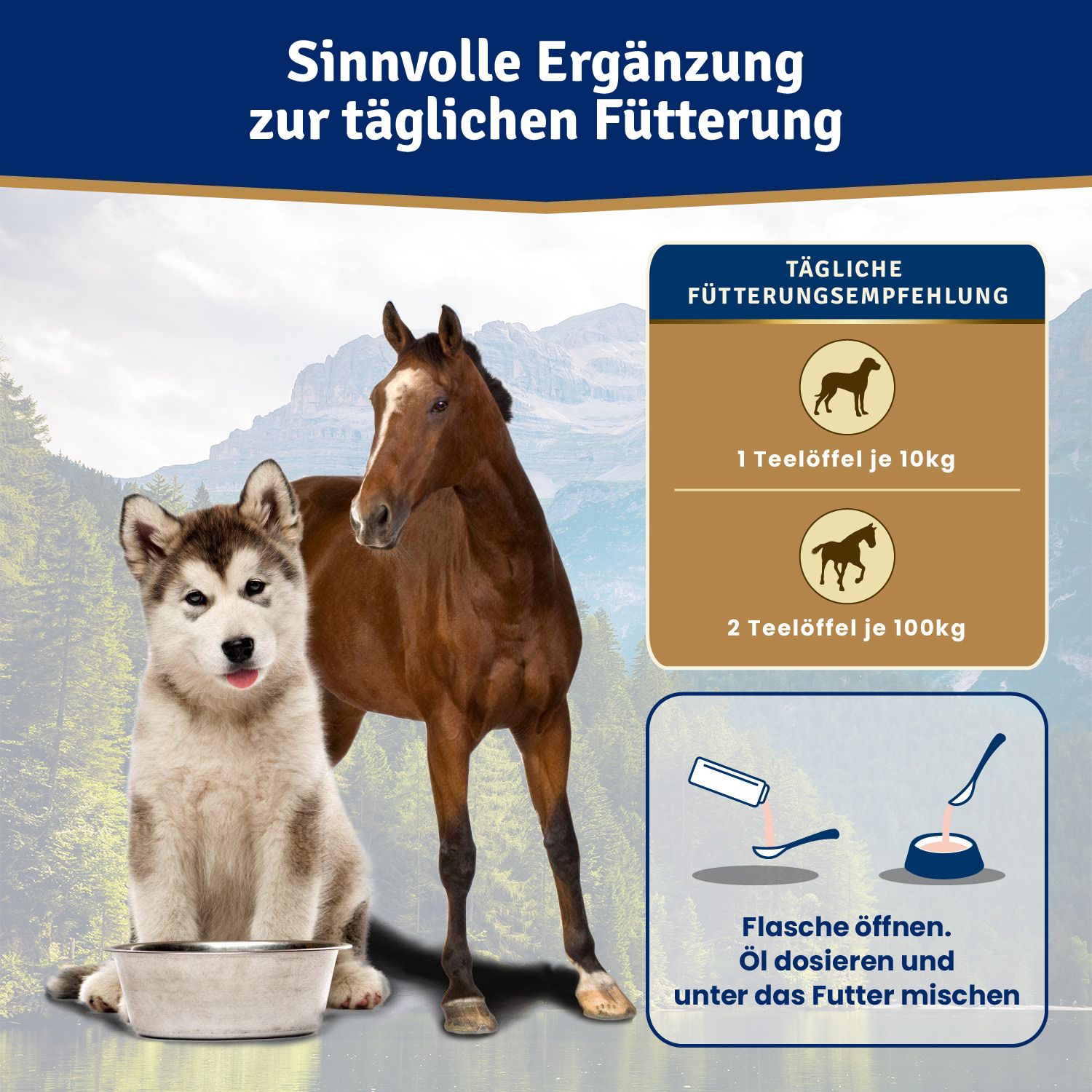 Ein Hund und ein Pferd. Text: Sinnvolle Ergänzung zur täglichen Fütterung. Dosierungsempfehlung: 1 Teelöffel je 10 kg.