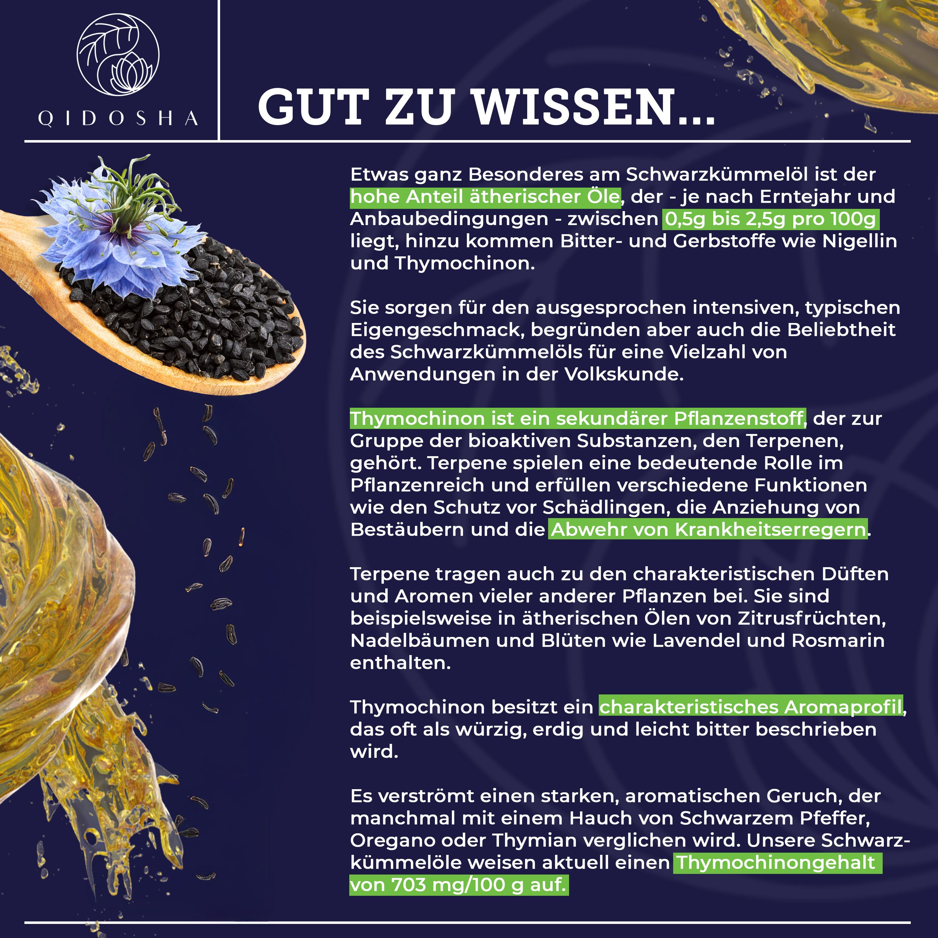 Holzlöffel mit Schwarzkümmel und Blume. Text über Schwarzkümmelöl. QIDOSHA Logo. Informationen über Inhaltsstoffe und Eigenschaften.