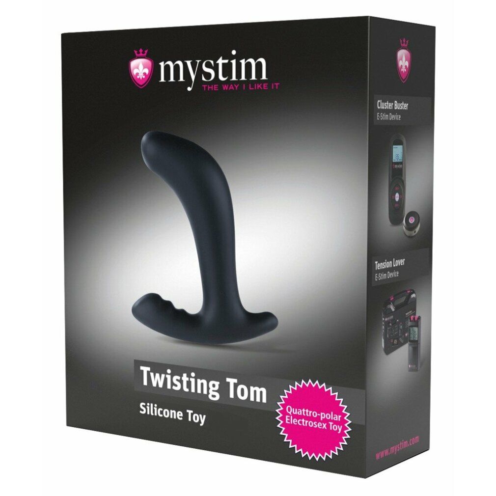 Verpackung mit schwarzem, gebogenem Silikonspielzeug. Produktname "Twisting Tom" und Marke "mystim".