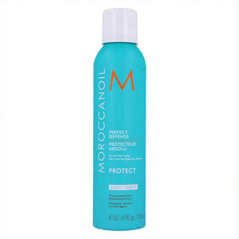 Türkisfarbene Sprühflasche mit weißem Deckel. Aufschrift: Moroccanoil, Perfect Defense, Protect. Temperaturangabe.