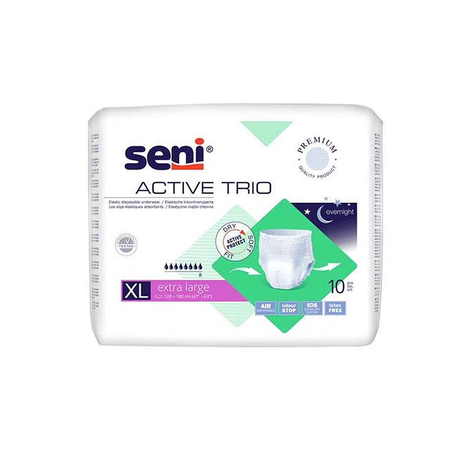 Einzelne Packung Seni Active Trio. Aufdrucke: Seni, Active Trio, XL, 10 Stück, Nachtsymbol, Dry Active Protection, Air Stop, dermatologisch getestet, latexfrei.