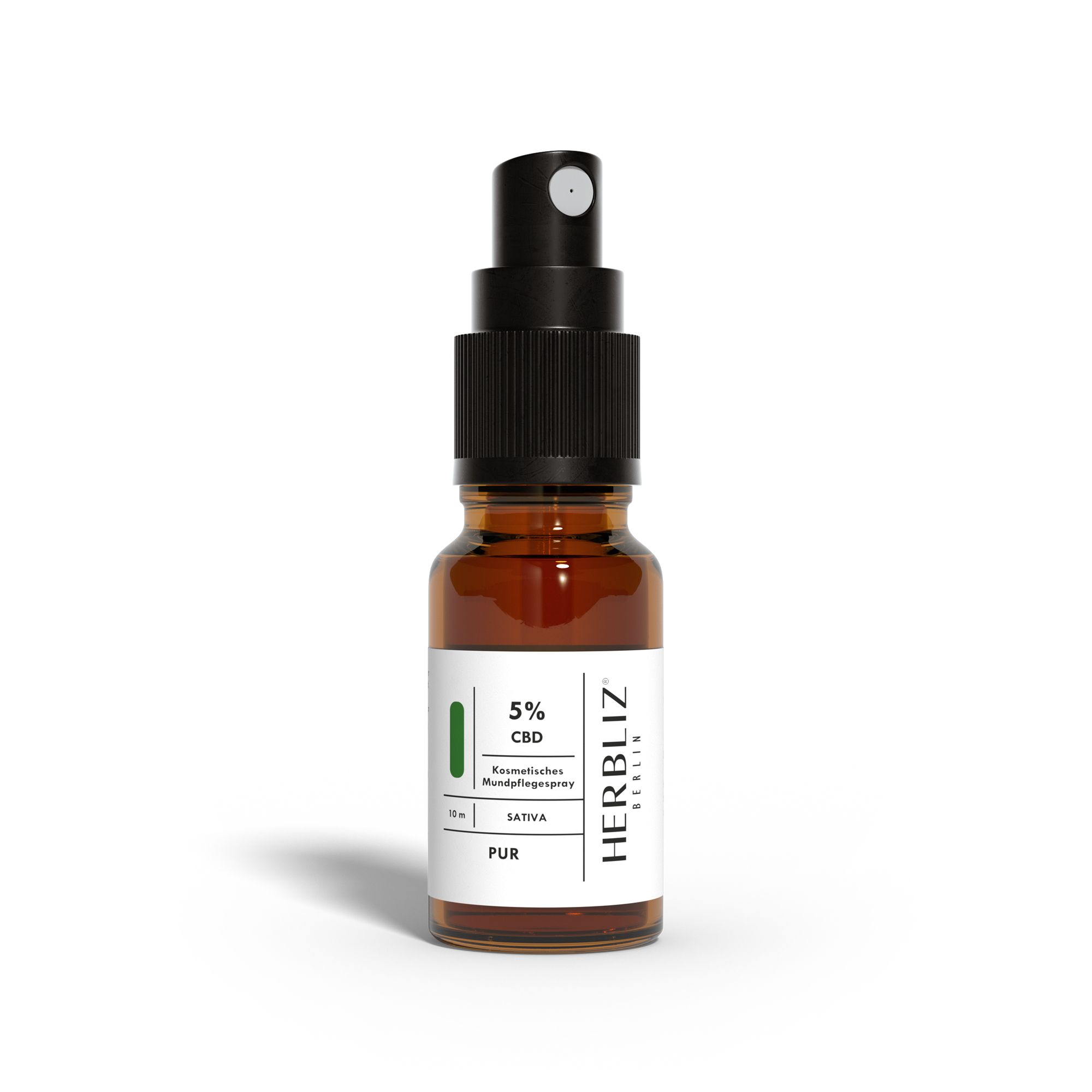 Braune Glasflasche mit Sprühkopf. Aufschrift: HERBLIZ, 5% CBD, Sativa, 10 ml. Grün-weißes Etikett.