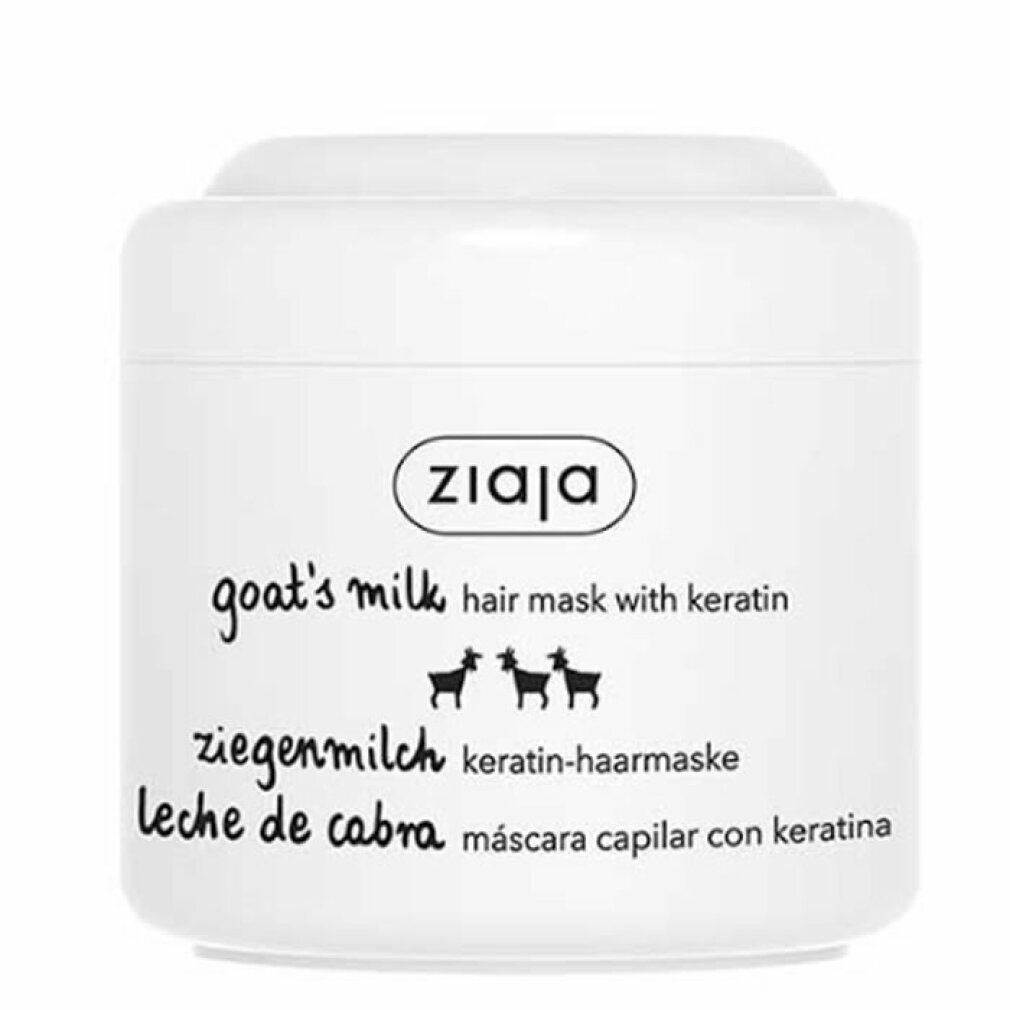 Weiße Dose mit Ziaja-Logo und Aufschrift "goat's milk hair mask with keratin". Mehrsprachige Produktbezeichnungen.
