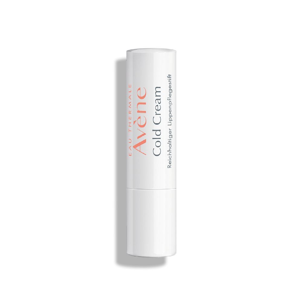 Weißer Lippenpflegestift mit orangefarbener Schrift. Text: Avène Cold Cream Reichhaltiger Lippenpflegestift.