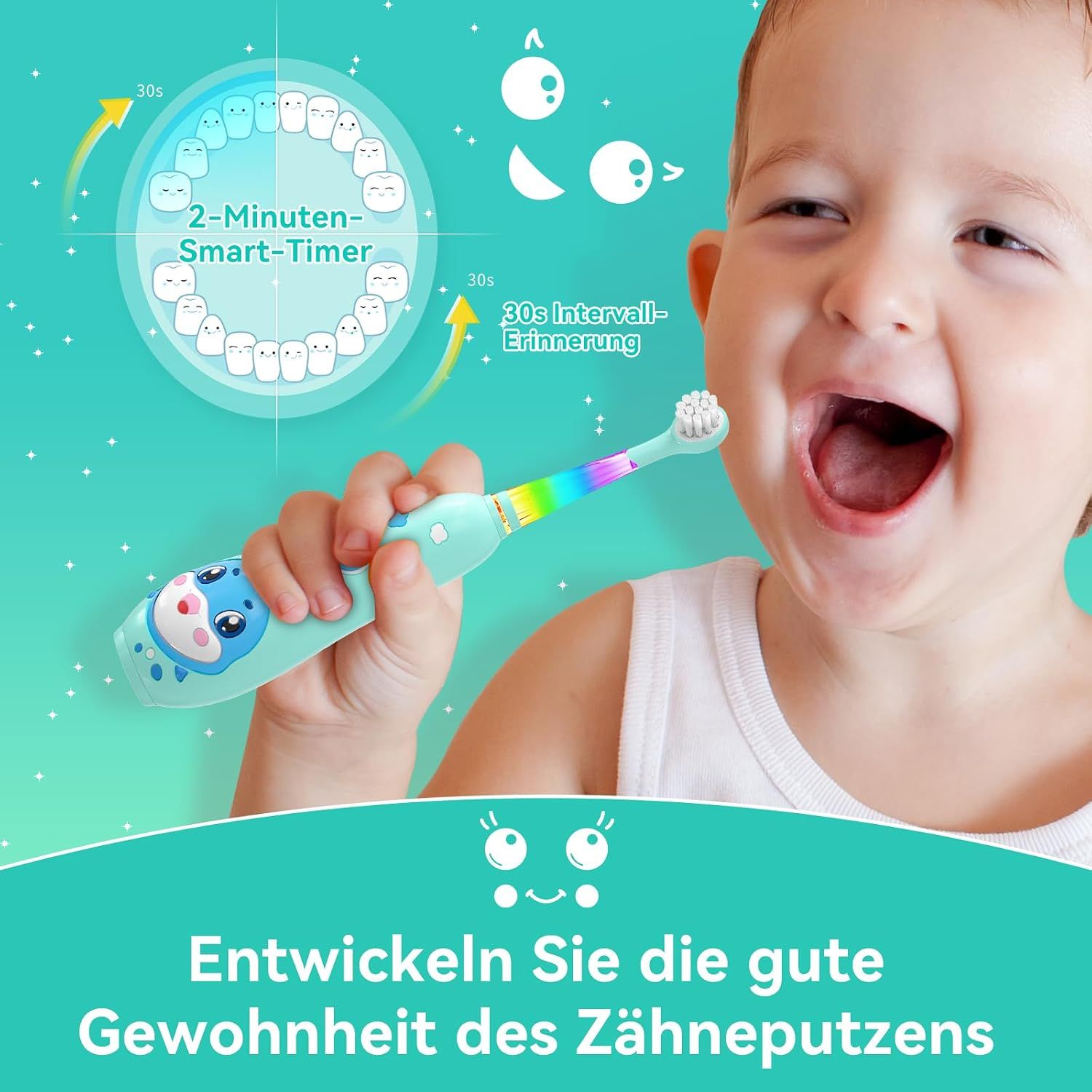 Kind hält eine bunte Kinder-Elektrozahnbürste mit Wal-Motiv.