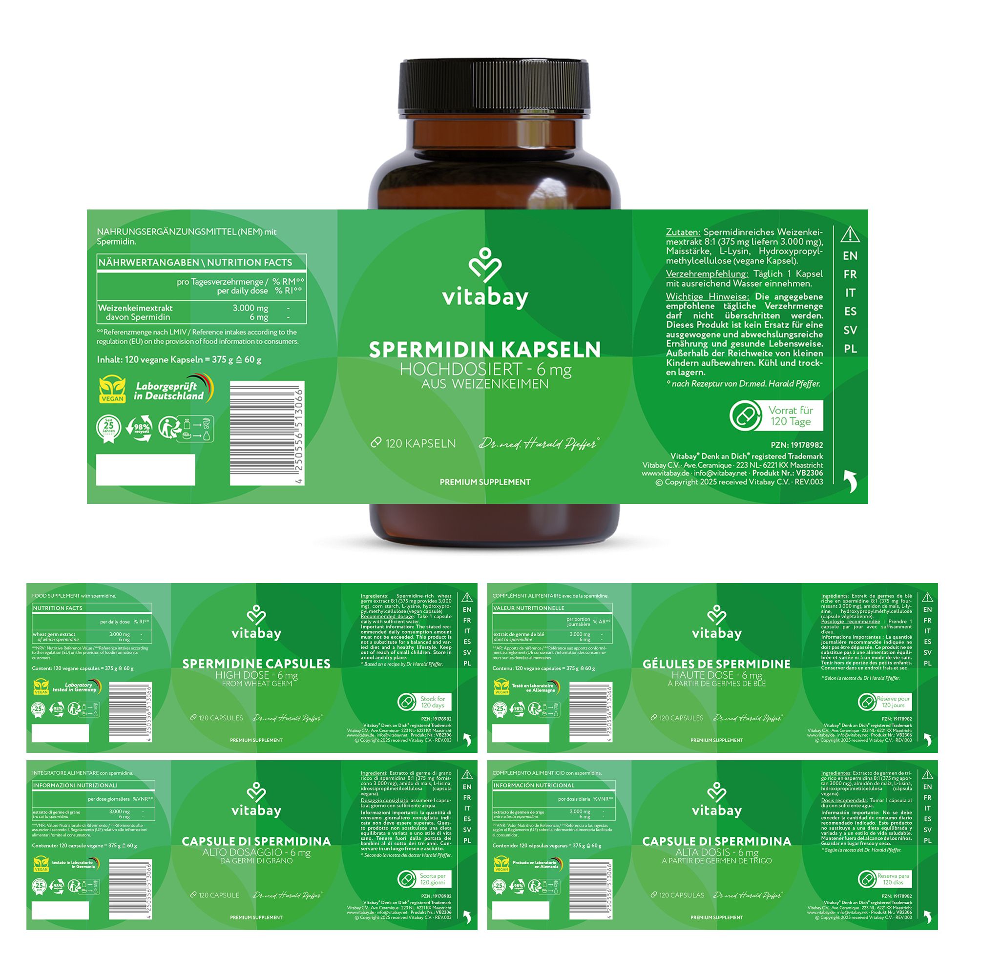 Braune Flasche mit grüner Beschriftung. Mehrere Etiketten mit Informationen. Marke Vitabay.