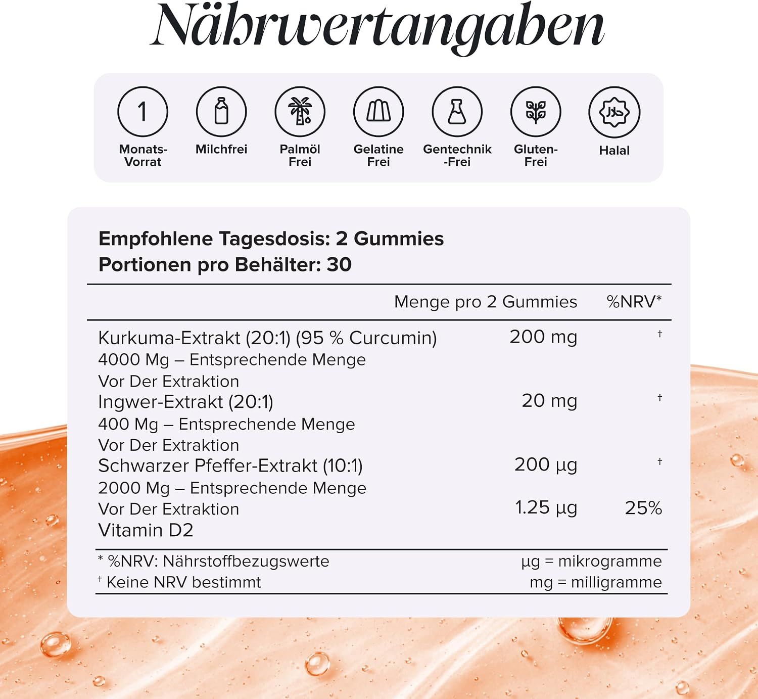 Nährwertangaben für Kurkuma Gummis: 200 mg Kurkuma-Extrakt, 20 mg Ingwer-Extrakt, 200 µg Schwarzer Pfeffer-Extrakt, 1.25 µg Vitamin D2.