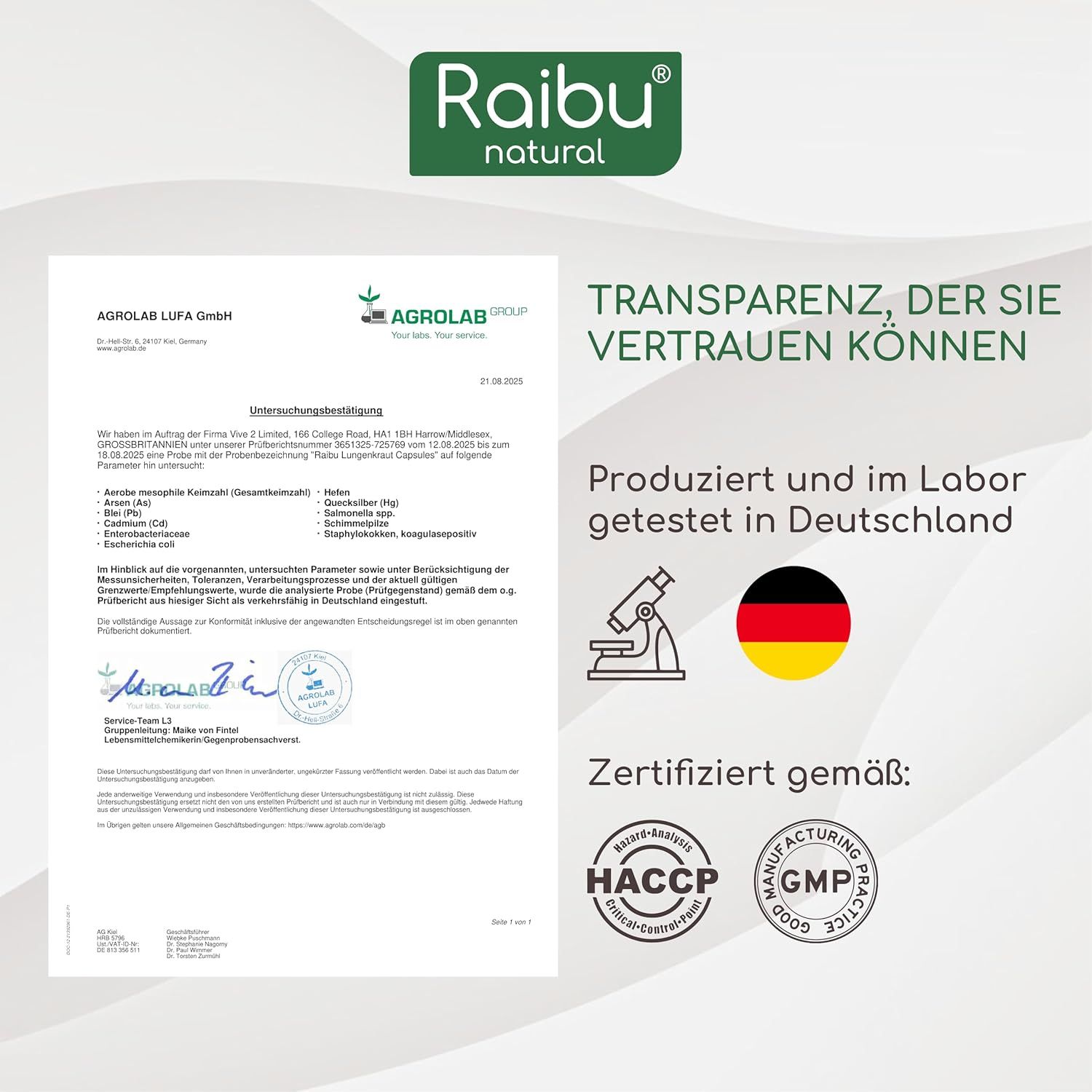 Zertifizierungsdokument. Text: Agrolab LUFA GmbH, Zertifiziert gemäß: HACCP, GMP. Logo: Deutsches Qualitätssiegel. Text: Produziert und getestet in Deutschland.