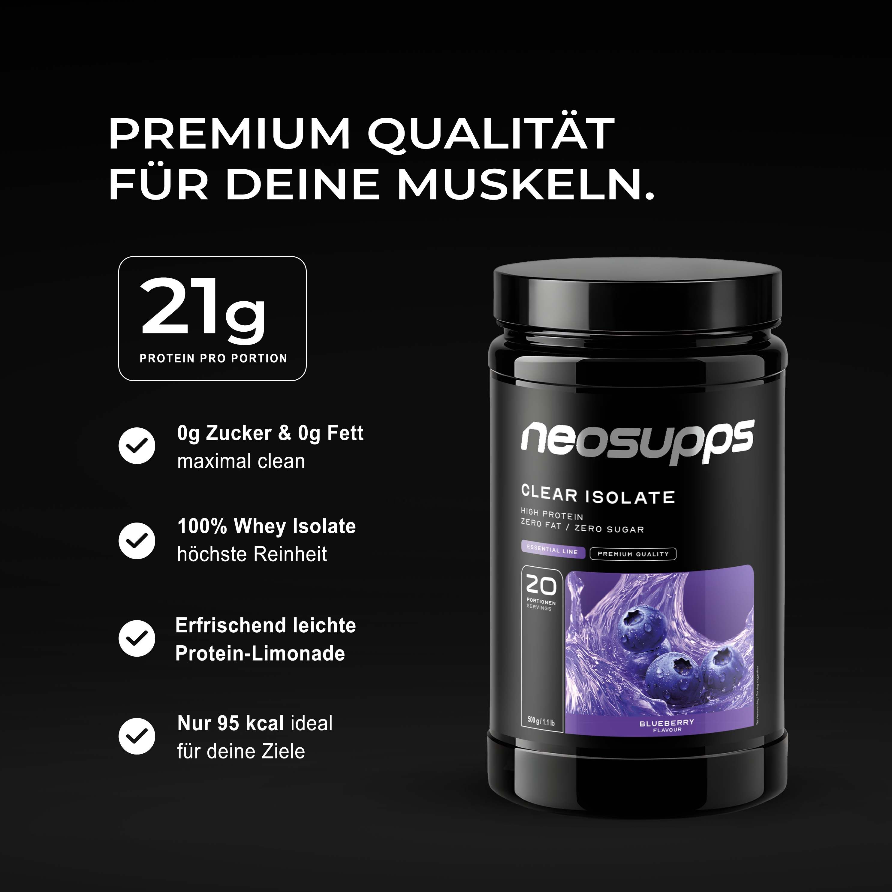 Neosupps Clear Whey Isolat Protein Pulver, 500g, Blueberry Geschmack, Eiweißshake