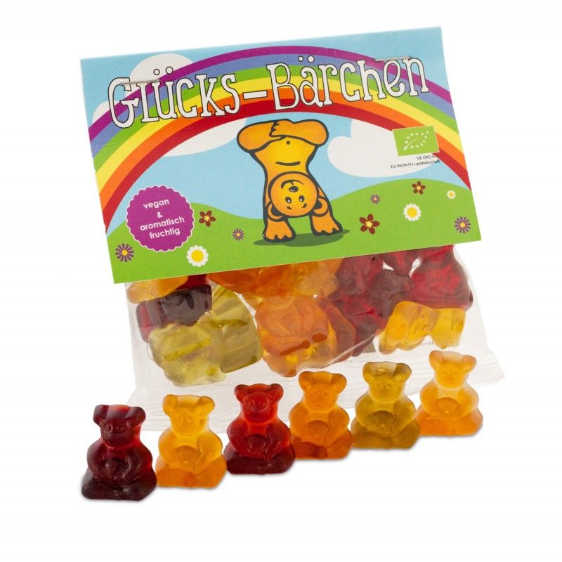 Glücks-Bärchen Regenbogen. Beutel mit Gummibärchen. Vegan und aromatisch fruchtig. Bio-Zertifizierung. Bunte Bärchen.