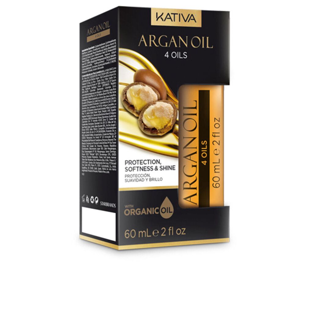 Kativa Argan Oil 4 Oils Intense Hair Oil. Produktverpackung mit Flasche. Schwarze Verpackung mit Produktinformationen. Flasche mit gelber Flüssigkeit.