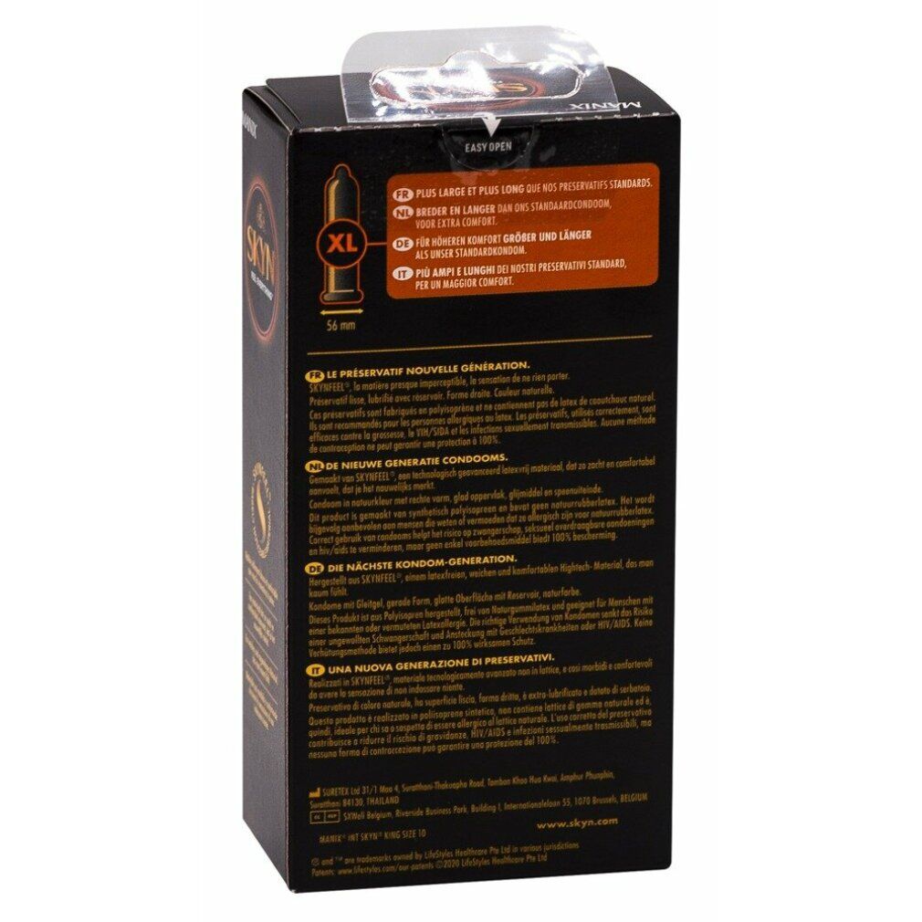 Schwarze Schachtel mit Kondomen. Aufschrift: SKYN, KING SIZE, 10 Stück. Nicht-Latex-Kondome.