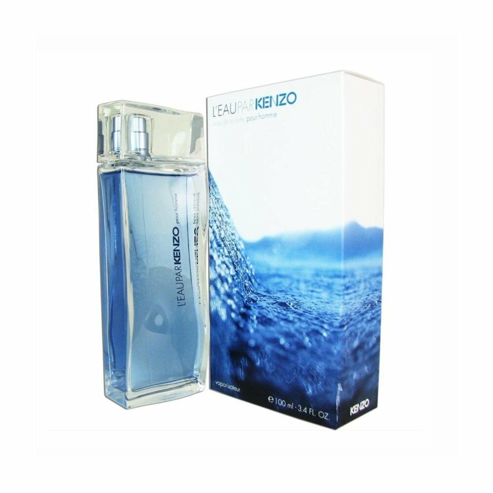 Kenzo L'Eau Pour Homme. Rechteckiger Flakon mit blauem Inhalt und Verpackung mit Wellenmotiv. Aufschrift: L'Eau Kenzo.