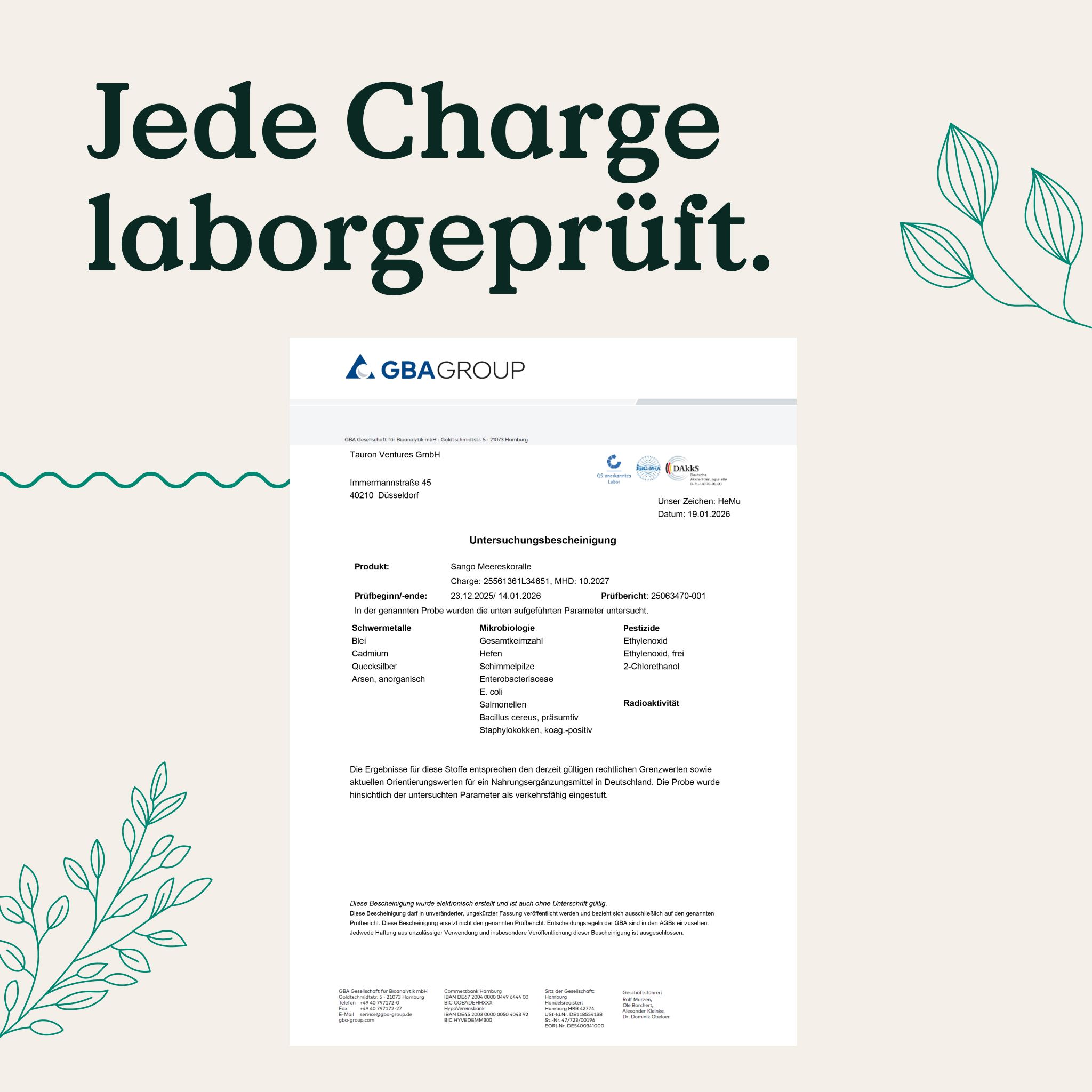 NATURE LOVE Sango Meereskoralle: Jede Charge laborgeprüft. Nachweis über Untersuchung.