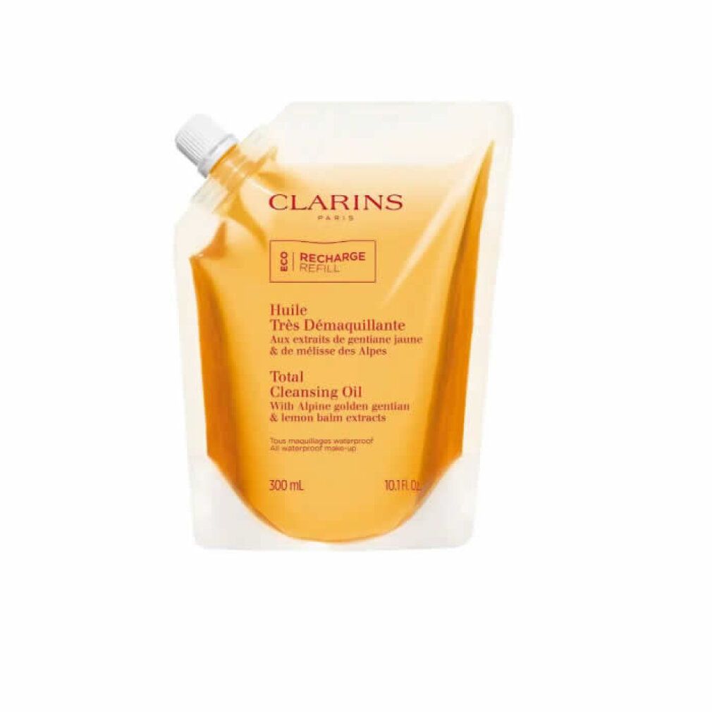 Nachfüllpackung für Make-up-Entfernungsöl. Klar, gelbliche Flüssigkeit in einem Beutel mit Schraubverschluss. Marke: Clarins.