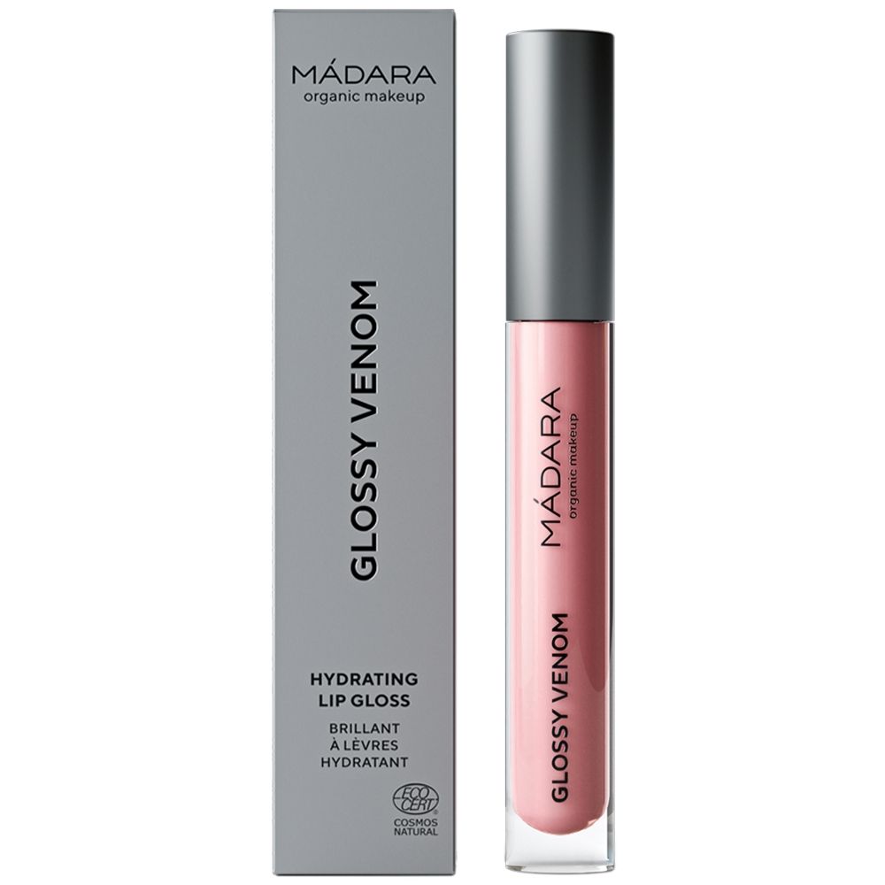 Lucidalabbra con confezione grigia. Nome prodotto: Glossy Venom. Marchio: MÁDARA. Prodotto cosmetico.