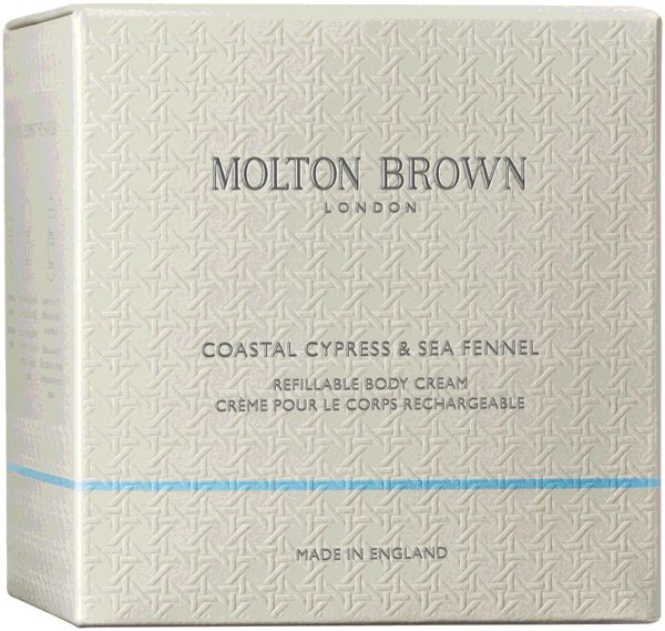 Beige Kartonbox mit Prägemuster, Molton Brown Logo, Produktname und Text. Blaue Linie unten. Hergestellt in England.