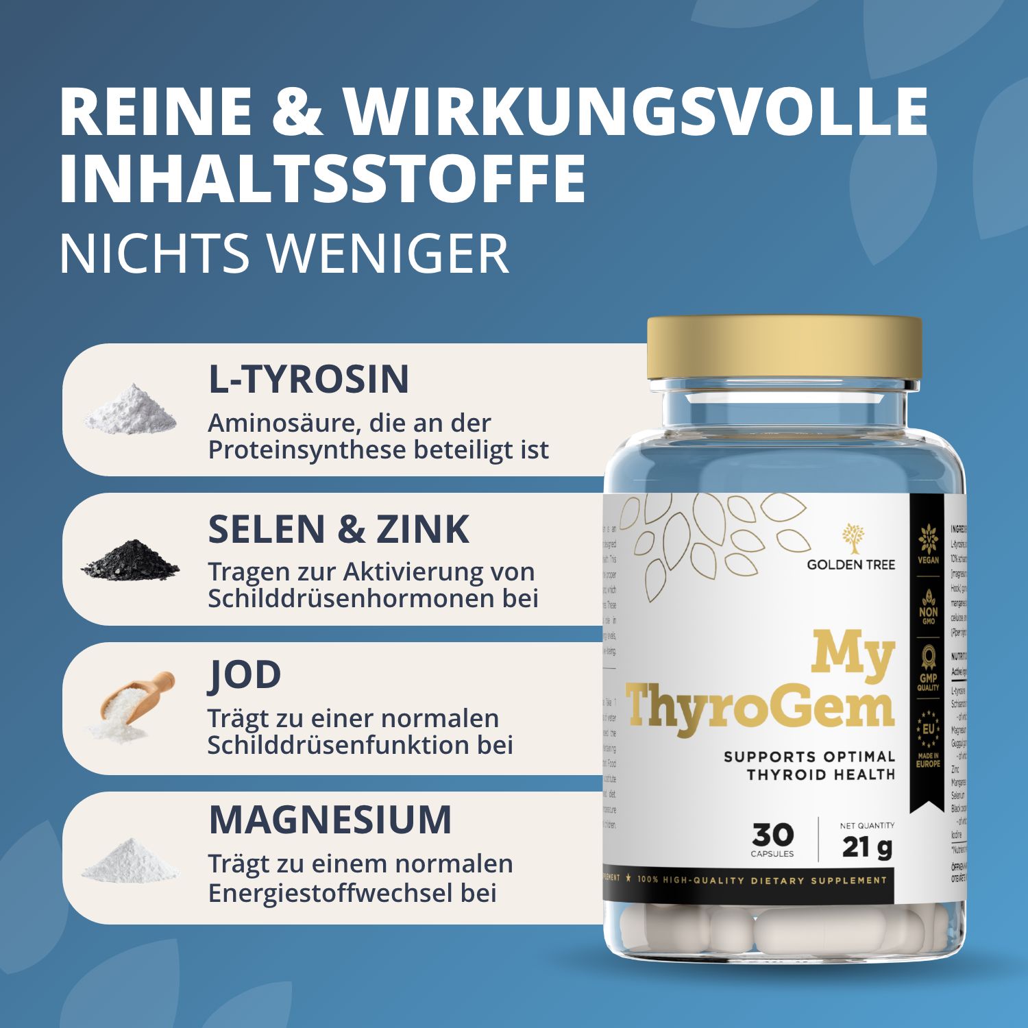 Golden Tree My ThyroGem Kapseldose mit 30 Kapseln, 21g. Links: L-Tyrosin, Selen & Zink, Jod, Magnesium.