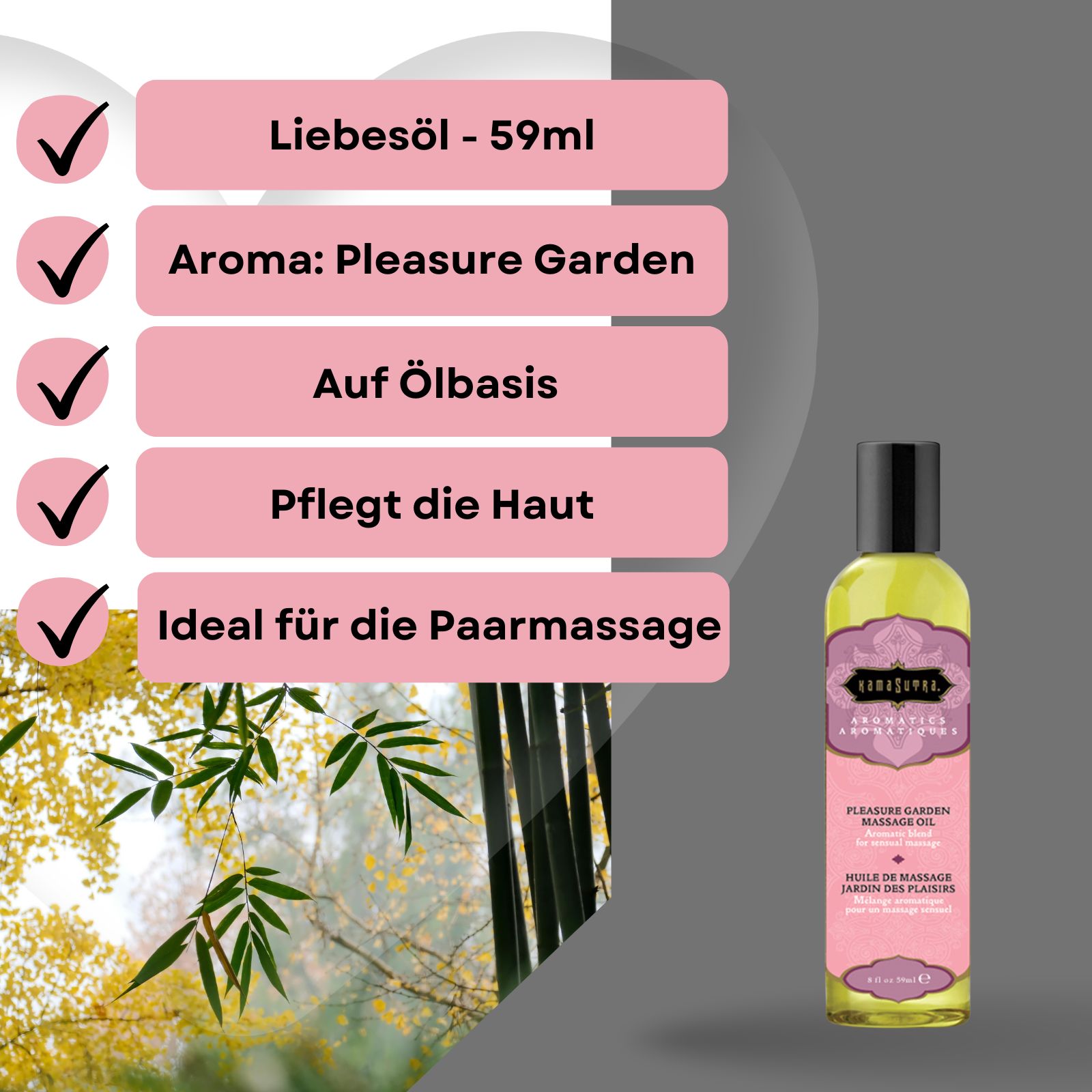 Massageöl-Flasche neben Textfeldern: Liebesöl, Aroma: Pleasure Garden, Auf Ölbasis, Pflegt die Haut, Ideal für die Paarmassage.