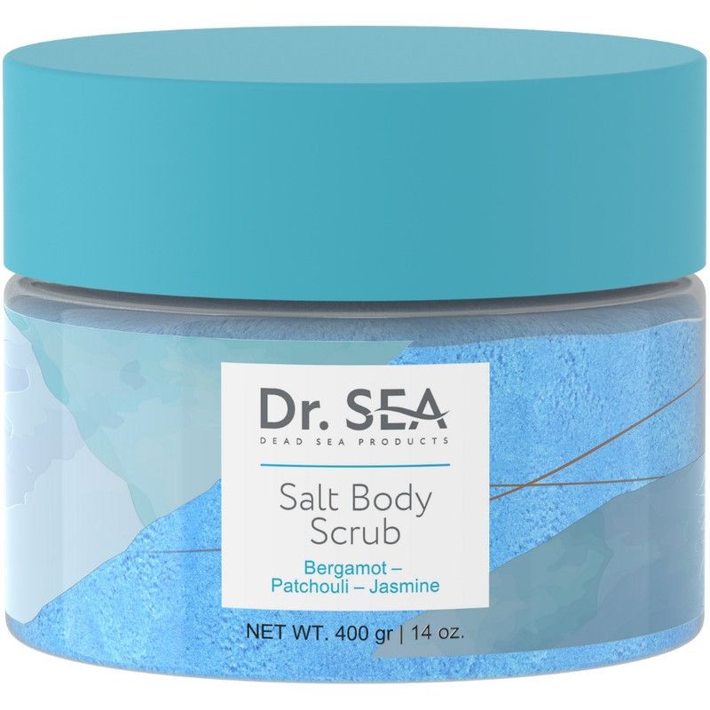 Pot bleu avec couvercle. L'étiquette indique "Dr. SEA Salt Body Scrub".