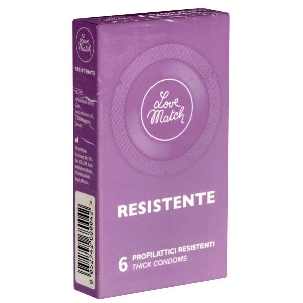Boîte violette de préservatifs. Inscription : Love Match, Resistente, 6 préservatifs. Préservatifs épais.