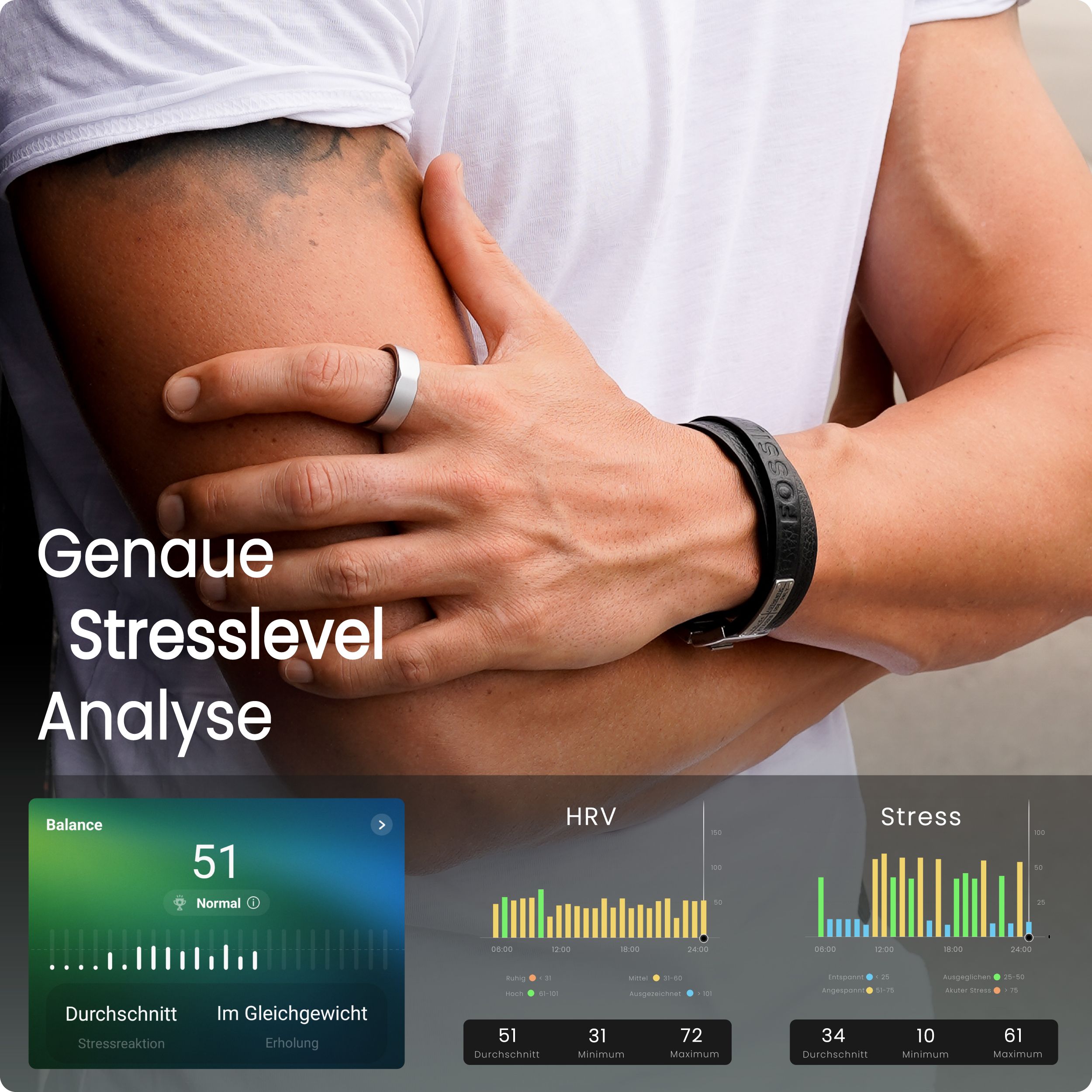 Mann mit silbernem Ring. Smartphone-App zeigt Stresslevel-Analyse: Balance, HRV, Stress.