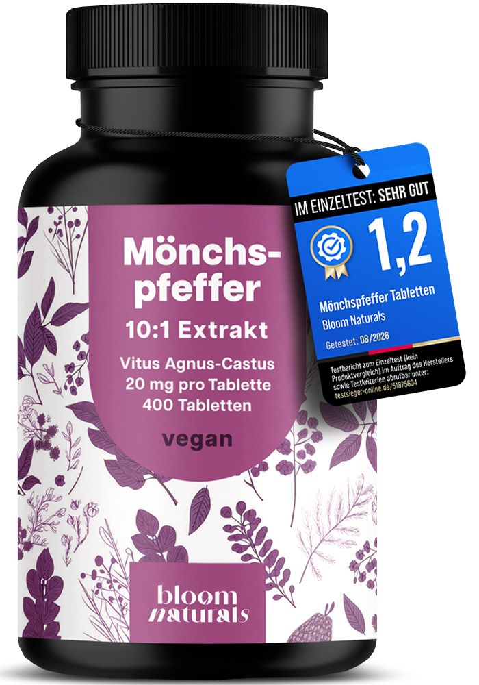 Flasche Mönchspfeffer Tabletten mit Siegel 'Im Einzeltest: Sehr Gut'.