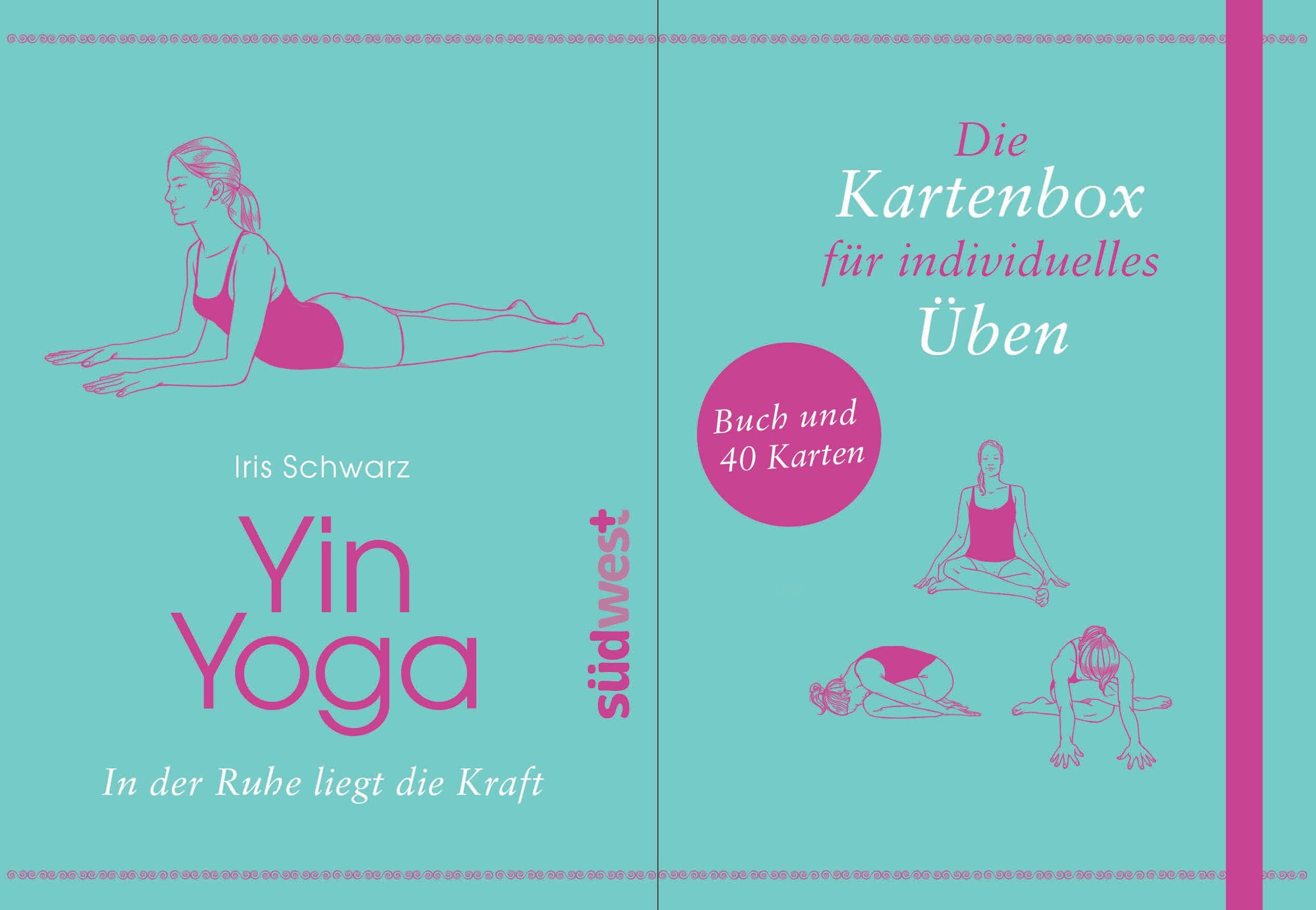 Buch- und Kartenset „Yin Yoga“. Türkis-rosa Cover mit Yoga-Illustrationen und Schriftzug. Titel: Yin Yoga. Autorin: Iris Schwarz.