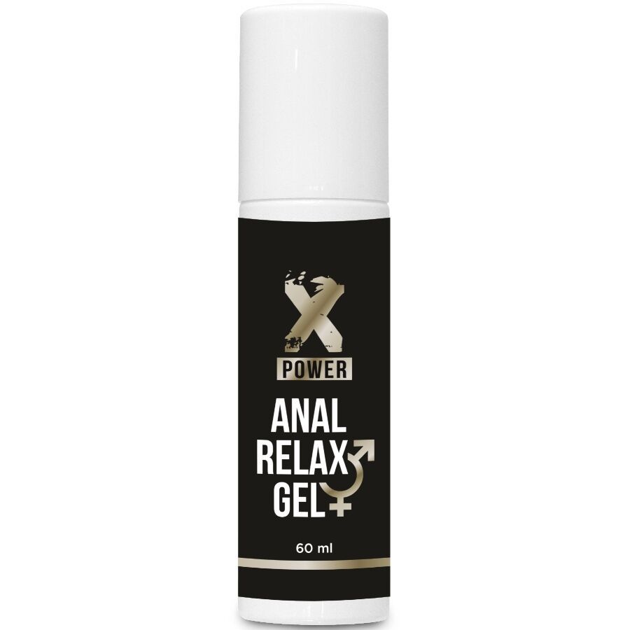 Zylindrische Flasche mit weißem Deckel. Schwarzes Etikett mit goldfarbenem Logo und Text: ANAL RELAX GEL. Unten: 60 ml.