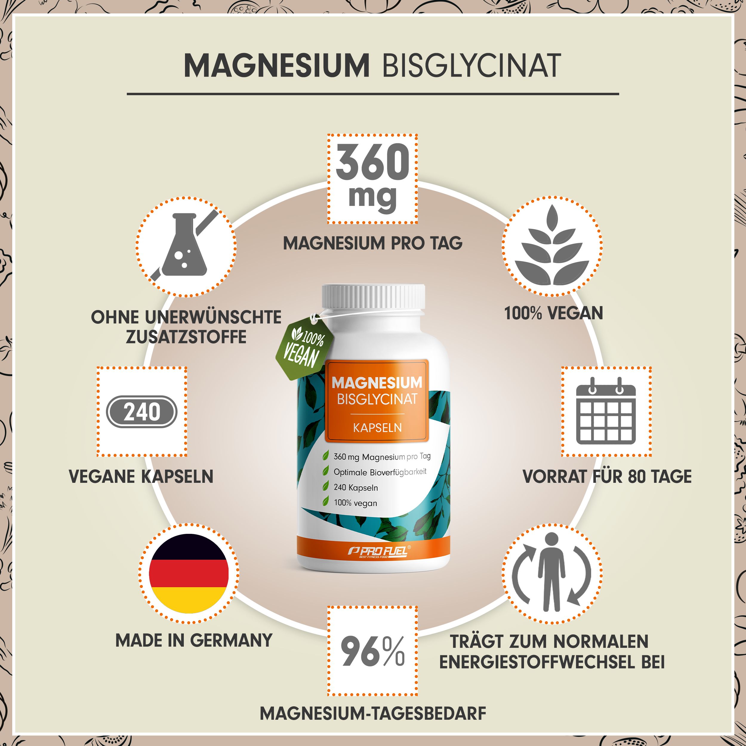 Weiße Flasche mit Kapseln. Aufkleber mit Text: Magnesium Bisglycinat, 360 mg, 240 Kapseln, 100% vegan. Zusätzliche Informationen.