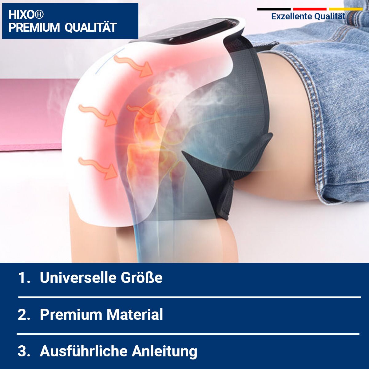 Knie-Massagegerät in Anwendung am Bein. Text: 1. Universelle Größe, 2. Premium Material, 3. Ausführliche Anleitung. Exzellente Qualität.