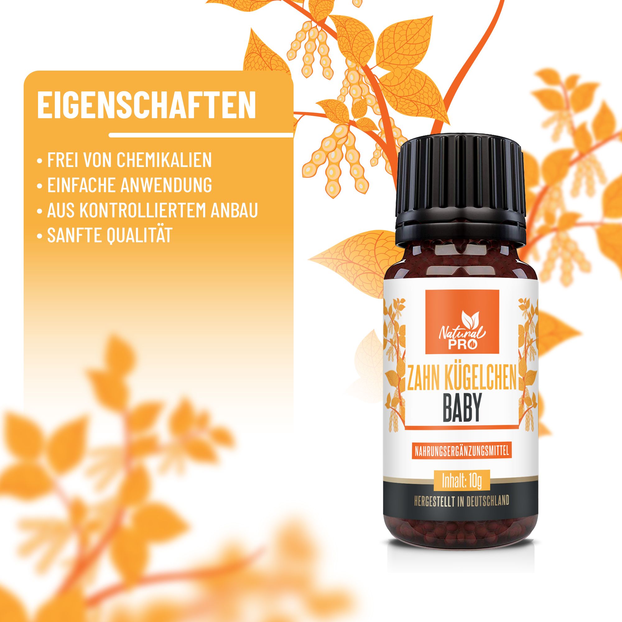 Braune Glasflasche mit schwarzem Deckel. Etikett mit Produktname: Zahn Kügelchen Baby. Eigenschaften des Produkts werden aufgelistet.