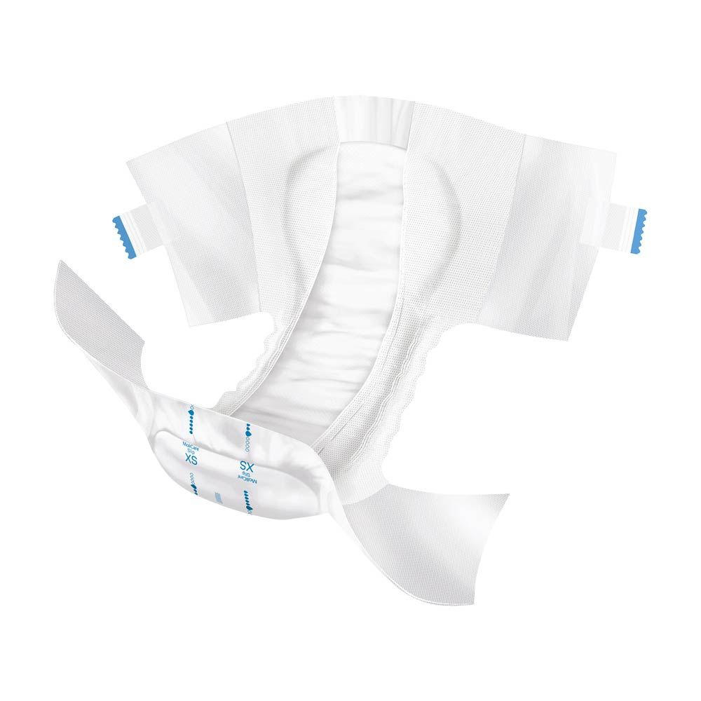 Offener MoliCare Slip Extra Plus. Weiß, mit blauen Verschlüssen und Saugkern. Größe XS ist angegeben.