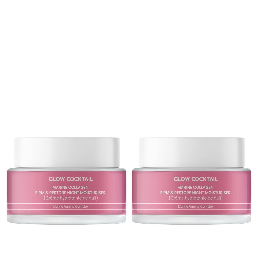 Zwei Tiegel Nachtcreme. Rosa Etikett mit Text: Glow Cocktail, Marine Collagen, Firm & Restore Night Moisturiser. Weiße Deckel.