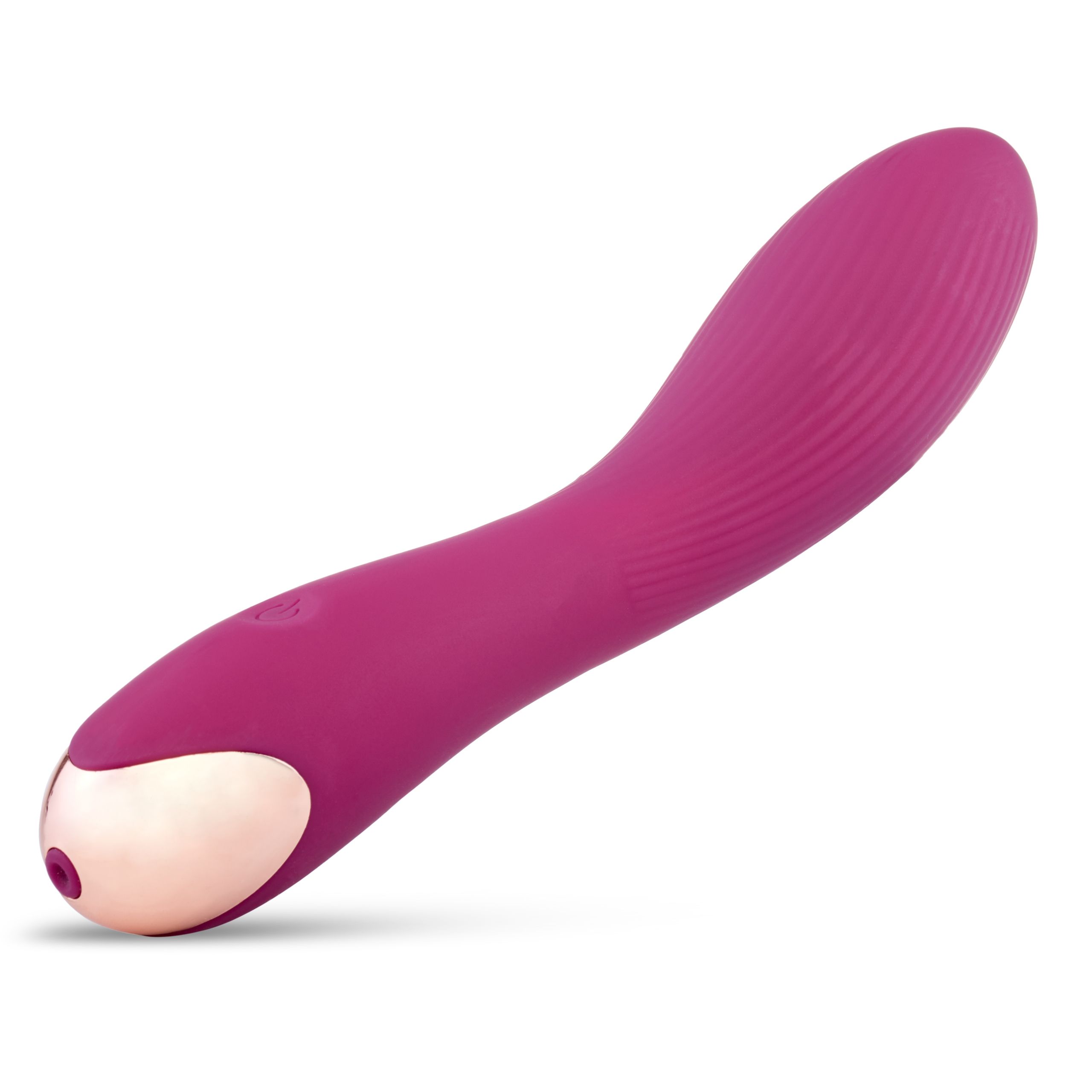 Pinkfarbener Vibrator mit geriffelter Oberfläche. Goldfarbene Basis. Ein/Aus-Knopf.