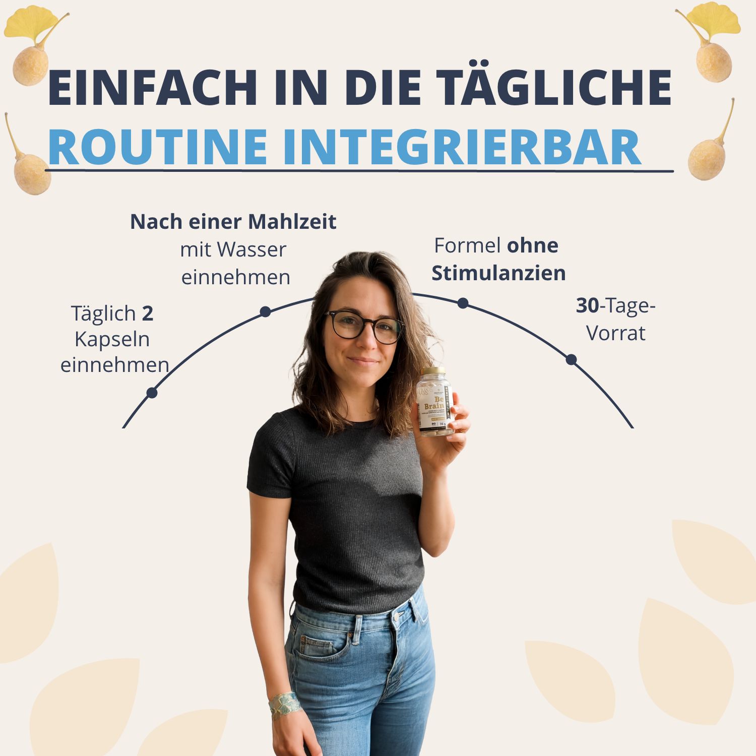 Frau hält eine Flasche Golden Tree Be Brain. Infografik zeigt tägliche Einnahme und 30-Tage-Vorrat.