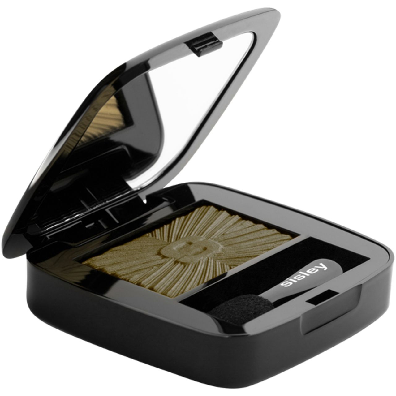 Geöffnete schwarze Sisley Lidschatten-Palette mit Spiegel und Applikator. Goldfarbener Lidschatten mit Sonnenstrahlen-Design.