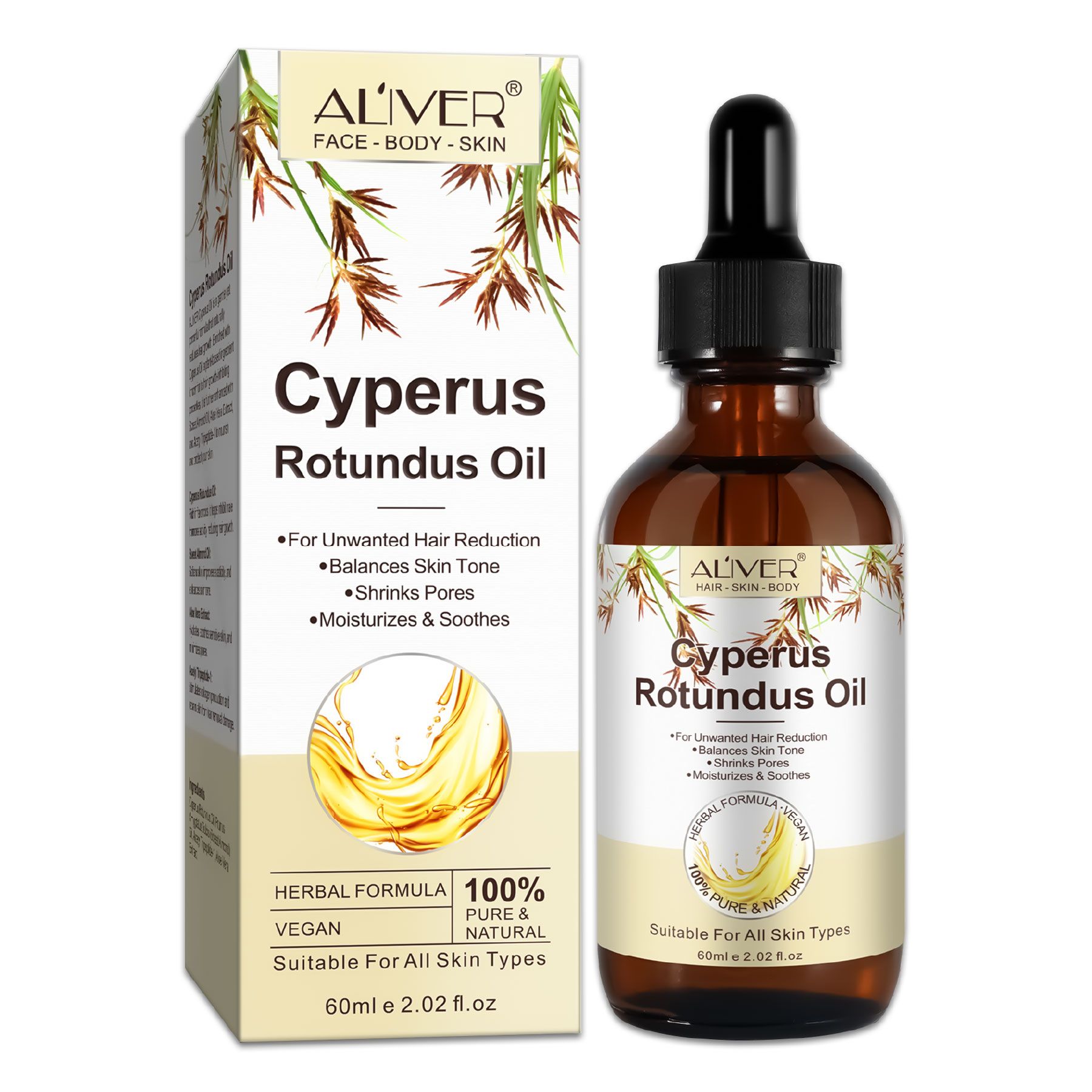 Produktverpackung und Flasche Cyperus Rotundus Oil. Aufschrift: ALIVER, Cyperus Rotundus Oil, Herbal Formula, 100% Pure & Natural.