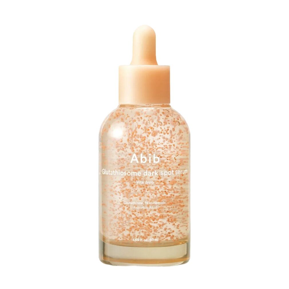 Abib Gluthiosome Dark Spot Serum in klarer Flasche mit Pipettenverschluss. Enthält kleine Partikel.
