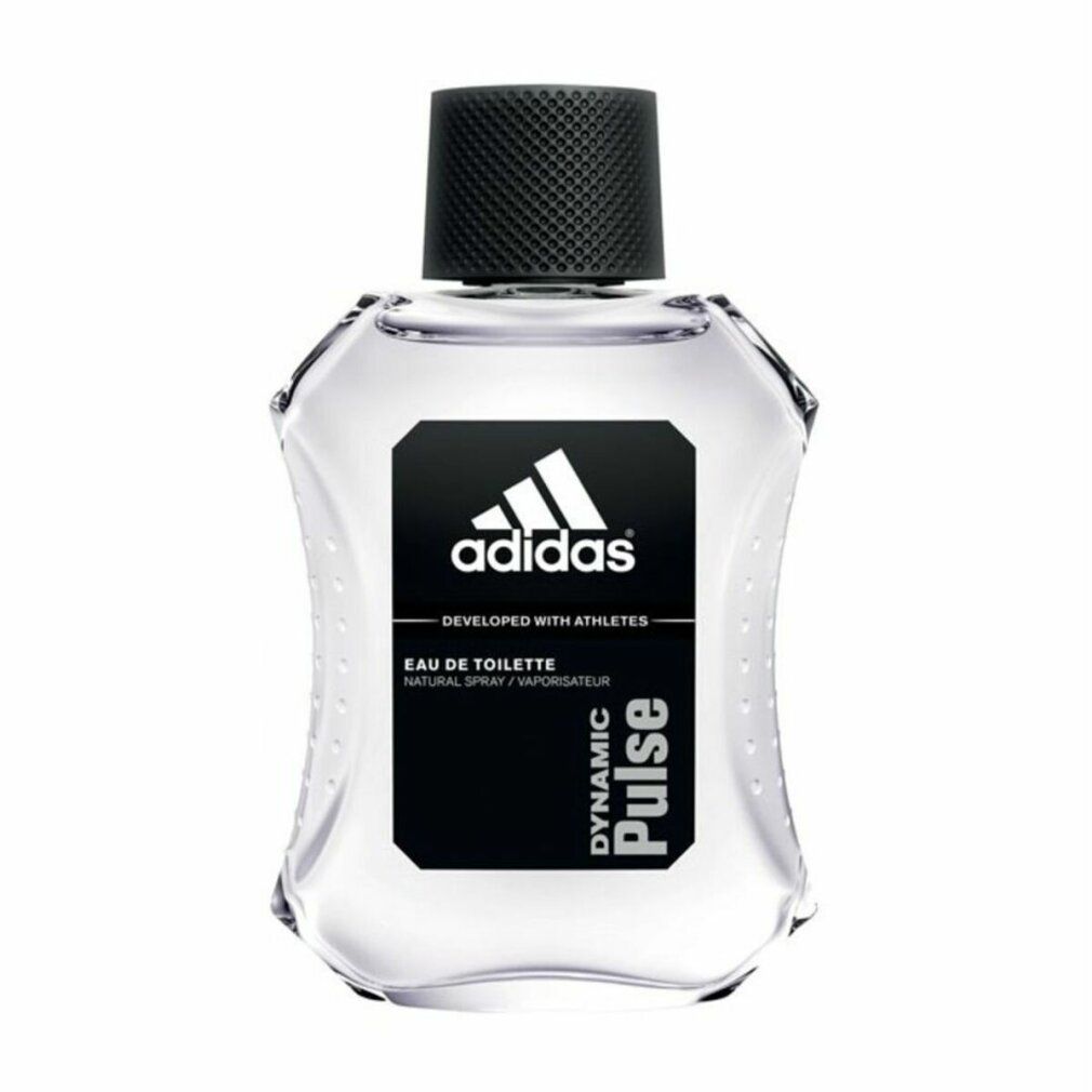 Adidas Dynamic Pulse Eau de Toilette. Klarer Flakon mit schwarzem Verschluss. Schwarzes Etikett mit Logo und Produktnamen.