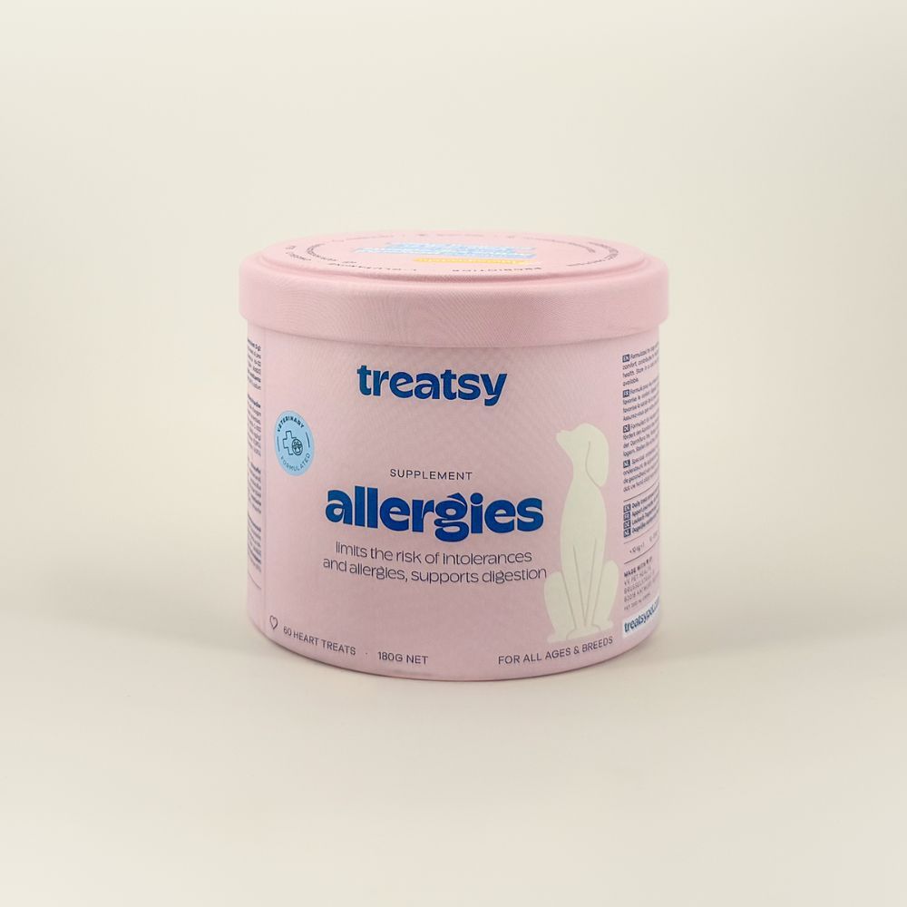 Rosa Dose mit „Treatsy Allergies“ für Hunde. Veterinär-Siegel. Text: Allergien, unterstützt die Verdauung.