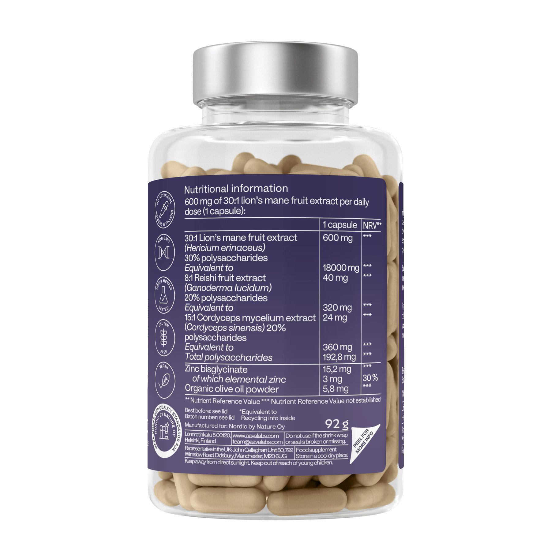 Rückseite der Kapsel-Flasche. Nährwertangaben und Inhaltsstoffe sind aufgeführt.