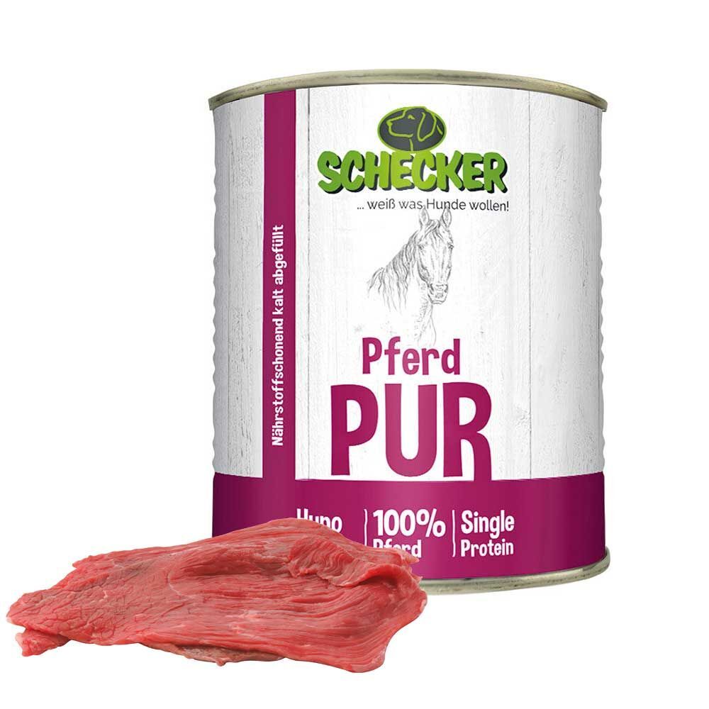 Konservendose mit Etikett und Fleischstück. Aufschrift: Pferd PUR, 100% Pferd, Single Protein. Marke: Schecker.