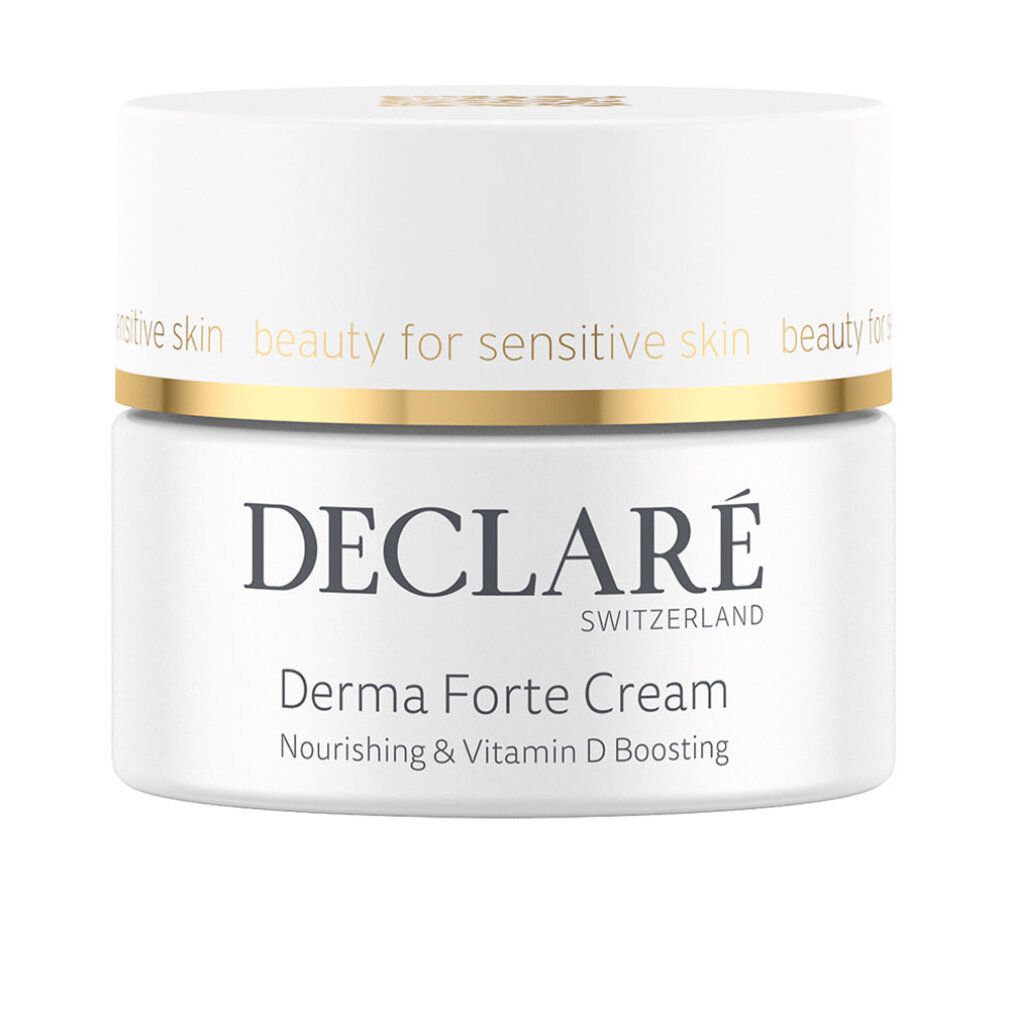 Weißer Tiegel mit goldfarbenem Deckel. Beschriftung: DECLARÉ SWITZERLAND, Derma Forte Cream, Nourishing & Vitamin D Boosting.